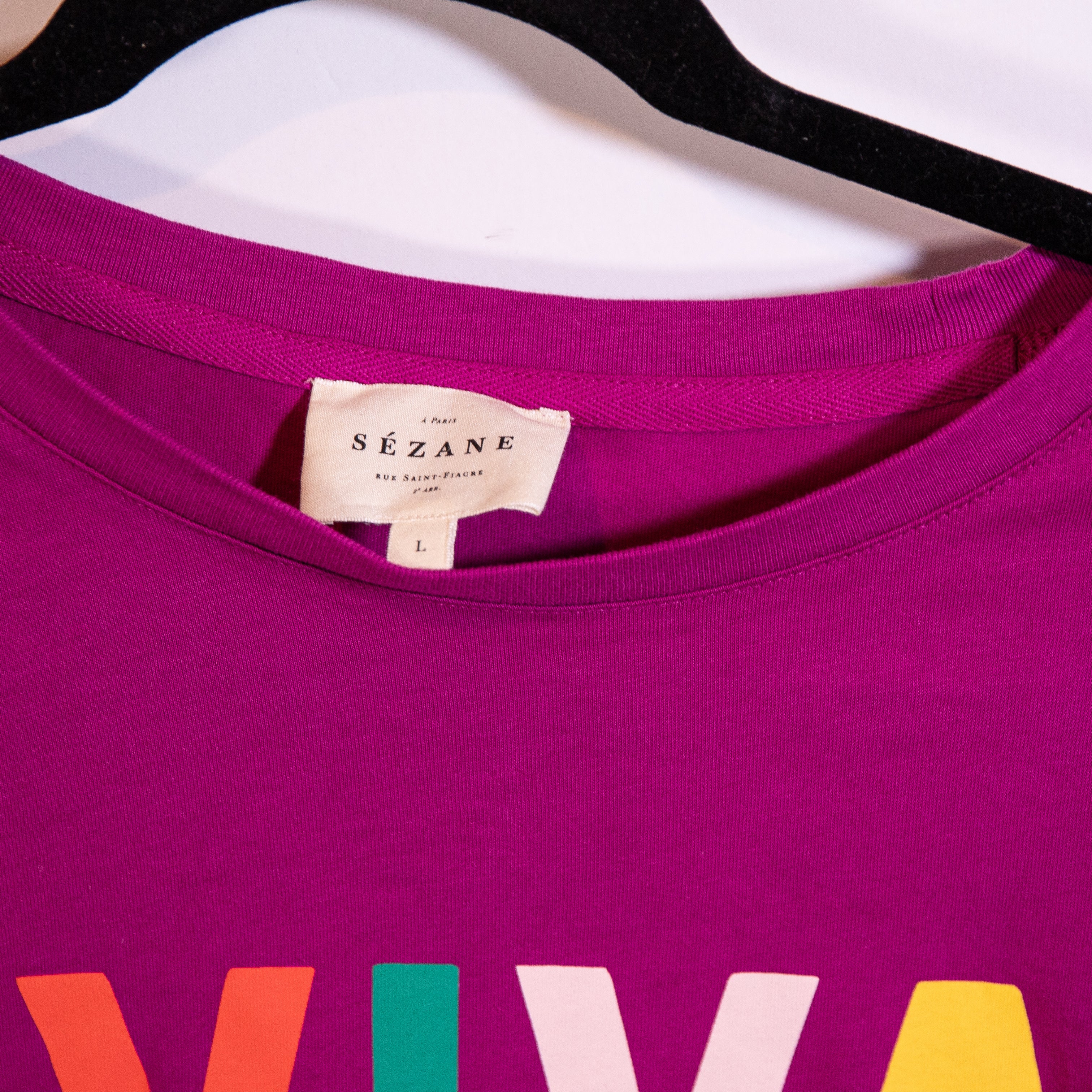 Sezane Viva La Vida Bold Graphic Print Pattern Crew Neck Cotton Tee Shirt Large