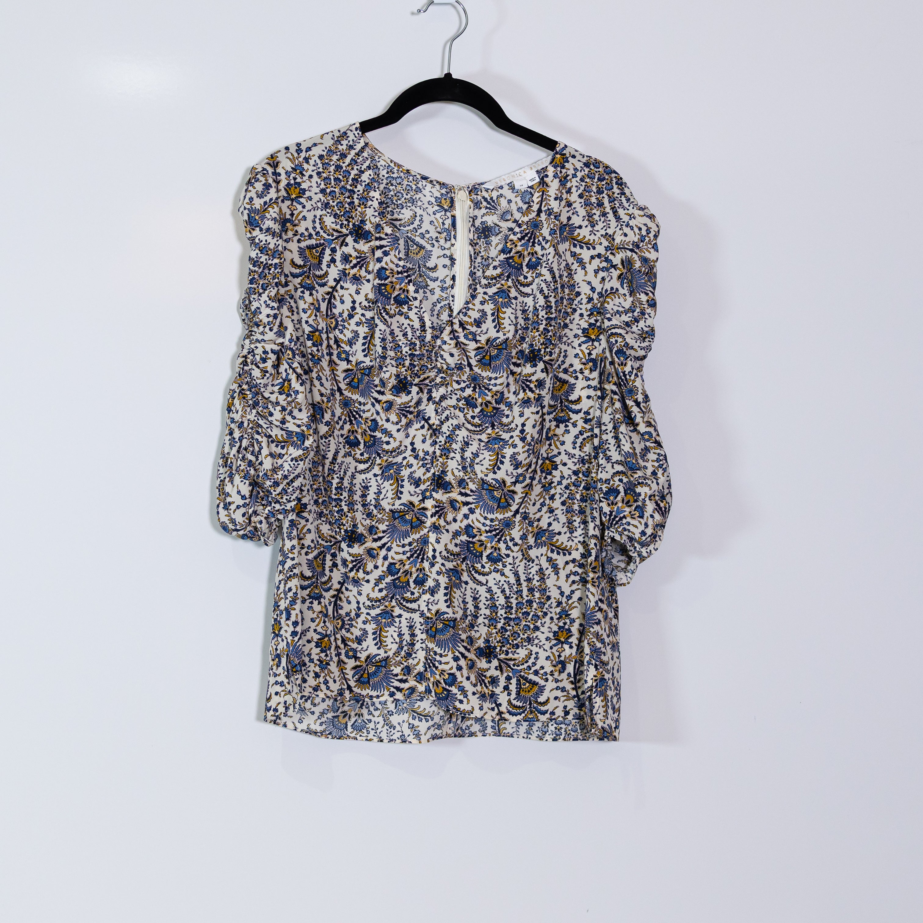Veronica Beard Henrieta Silk Chiffon Ruched Sleeve Ecru Multi Print Blouse 14