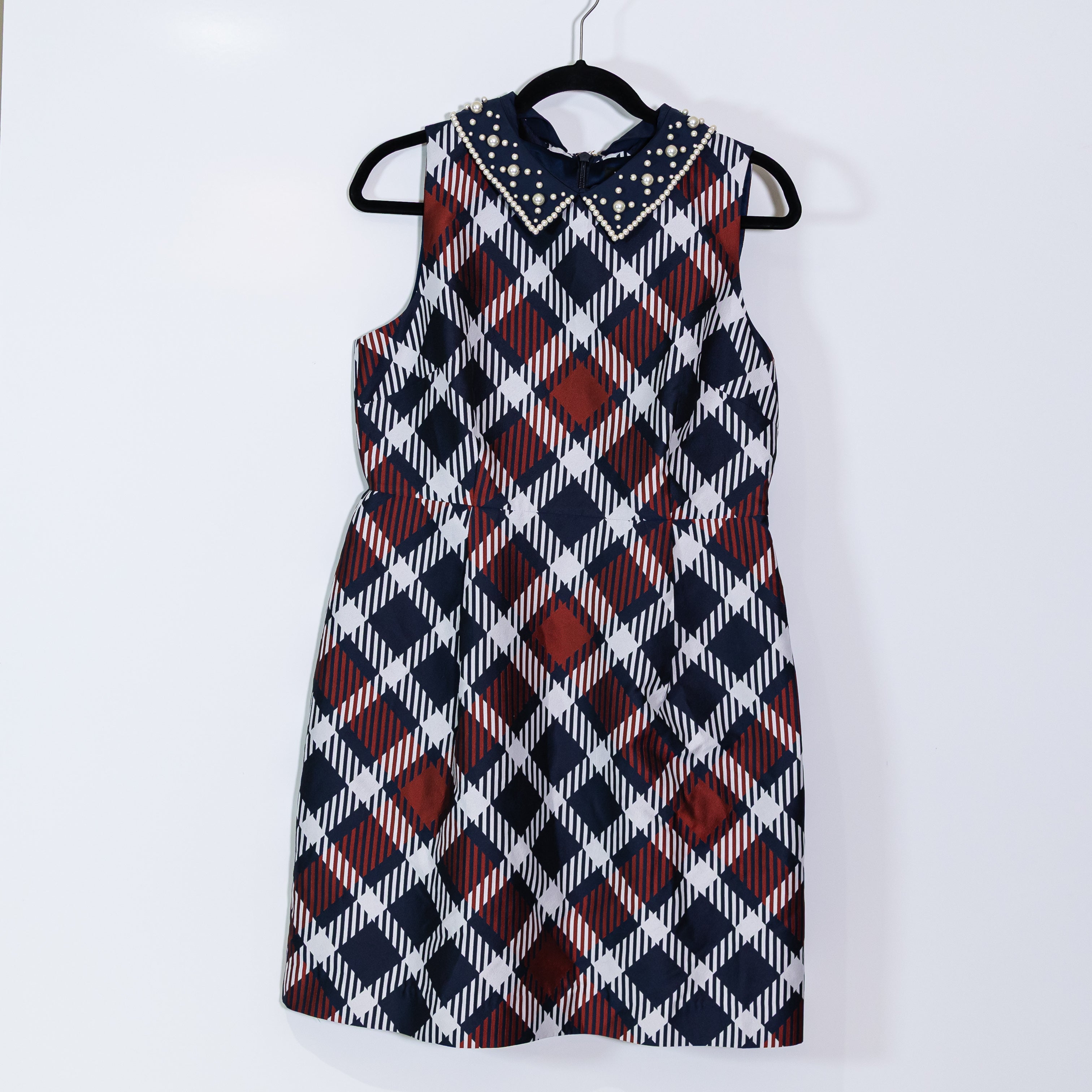 Kate Spade Jumbo Plaid Print Pattern Taffeta Pearl Embellished Collar Dress 10