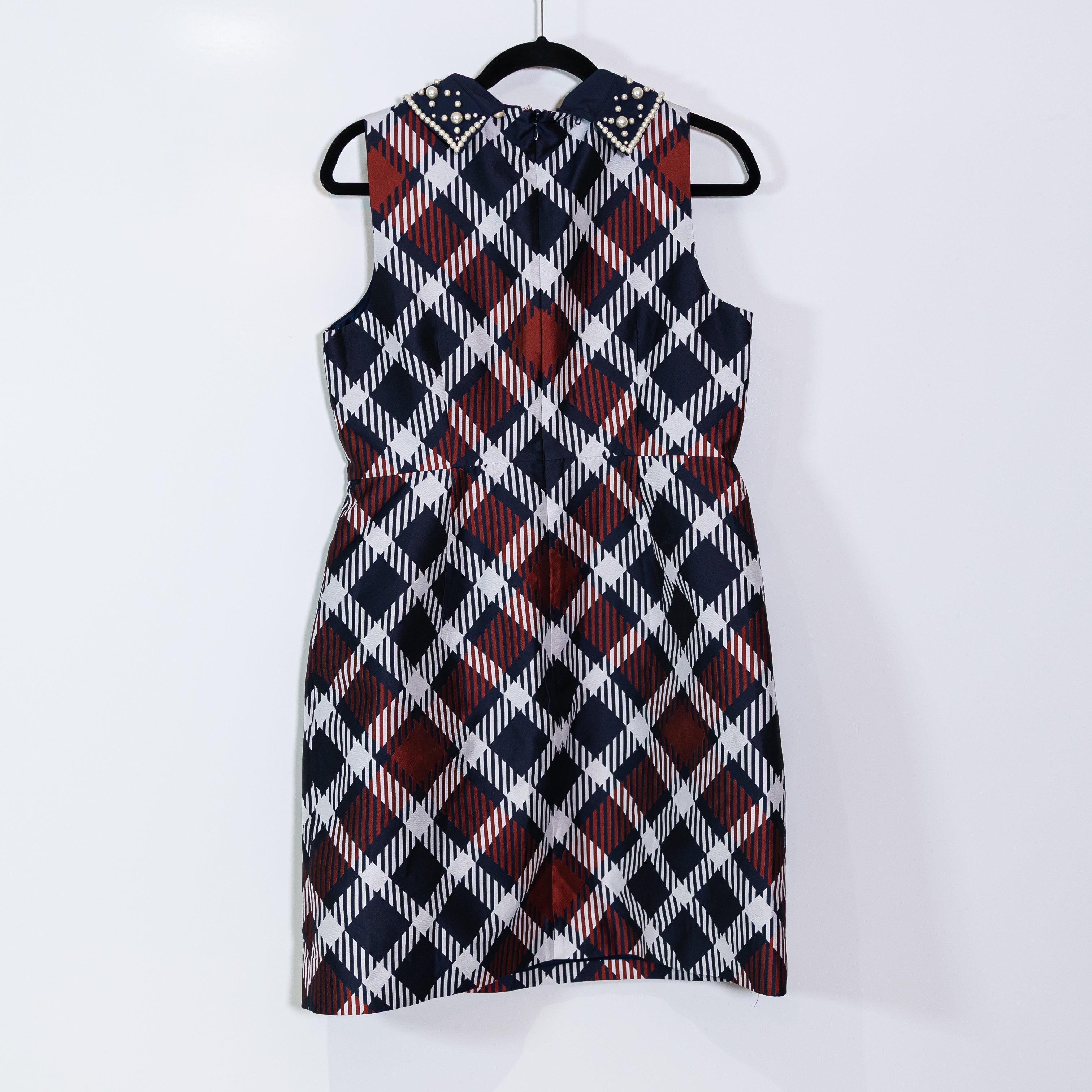 Kate Spade Jumbo Plaid Print Pattern Taffeta Pearl Embellished Collar Dress 10