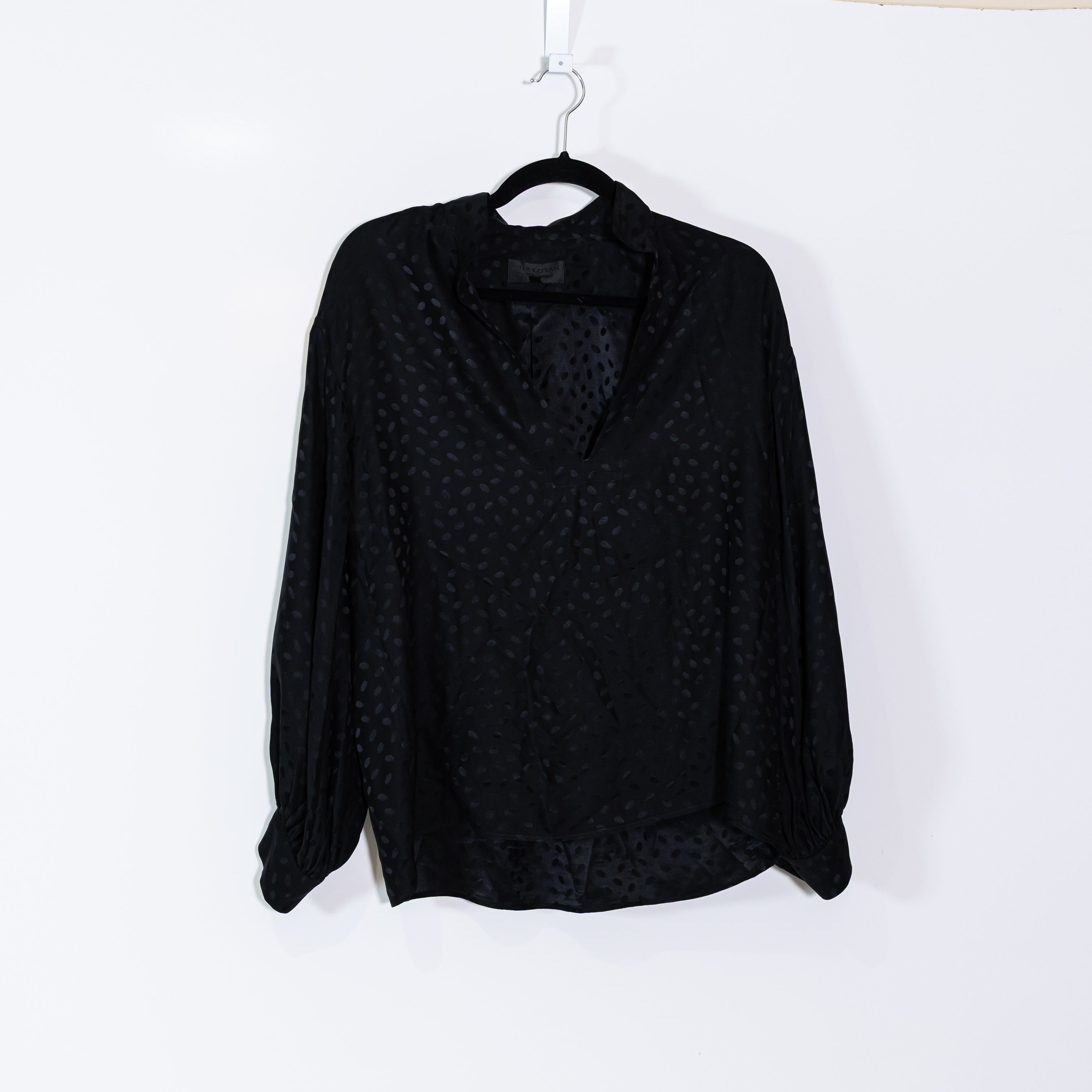 Nili Lotan Silk Chiffon Satin Long Sleeve Collared Blouse Shirt Polka Dot Print