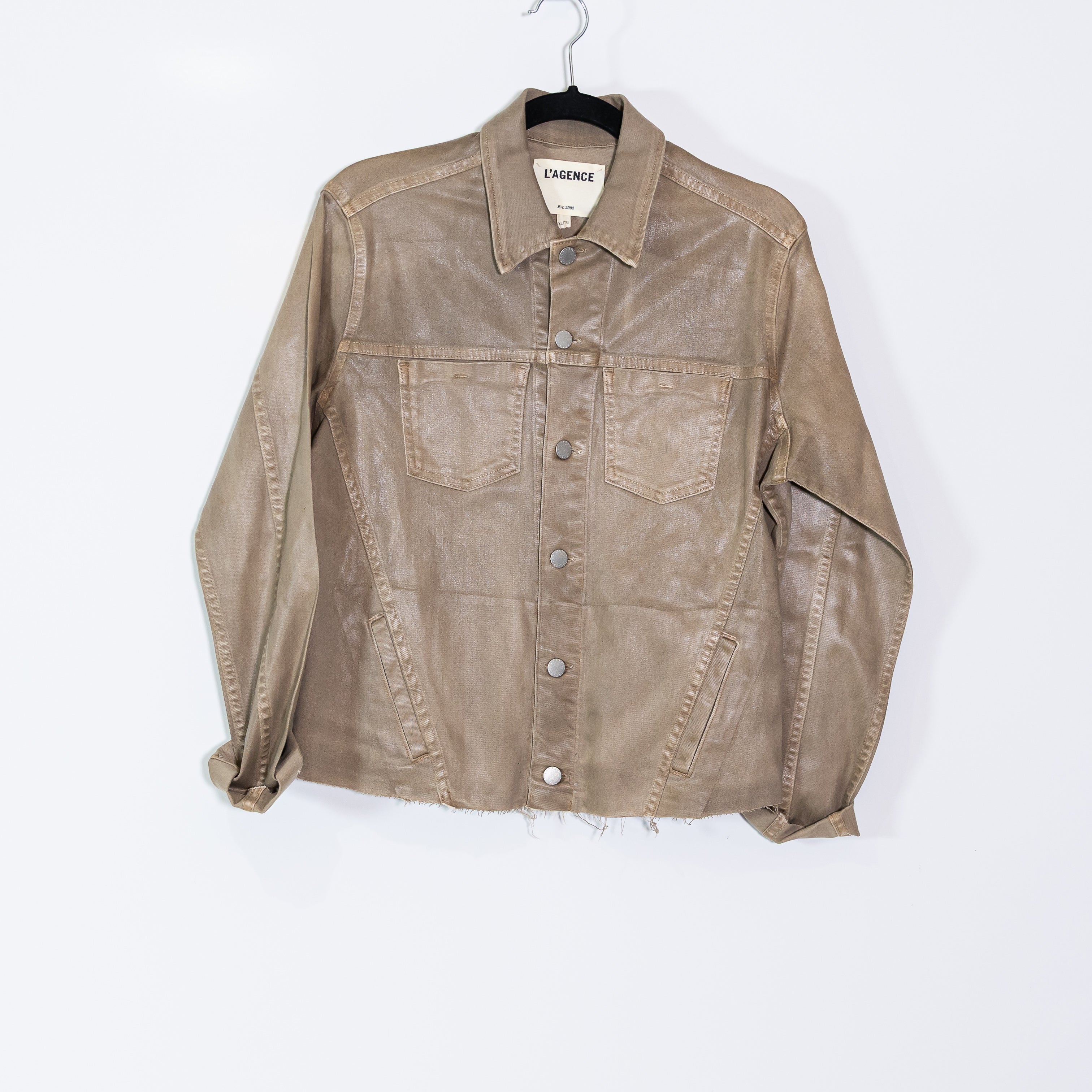 L'Agence Janelle Slim Cotton Coated Stretch Raw Edge Hem Button Jacket Biscuit