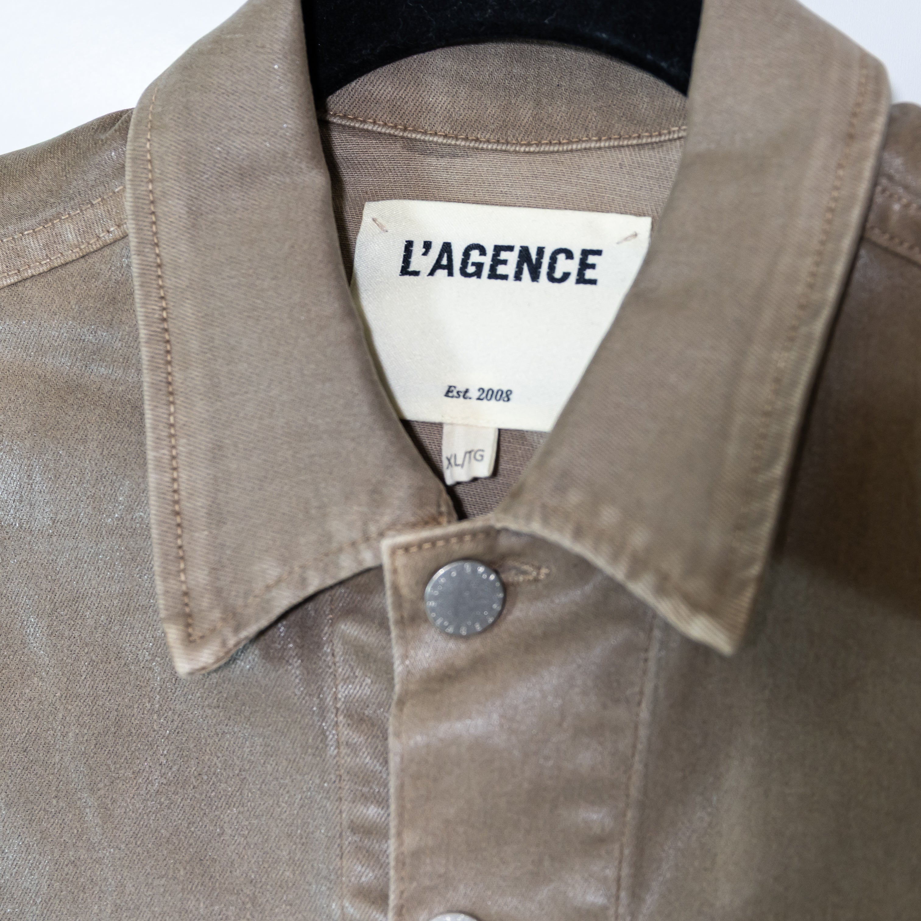 L'Agence Janelle Slim Cotton Coated Stretch Raw Edge Hem Button Jacket Biscuit