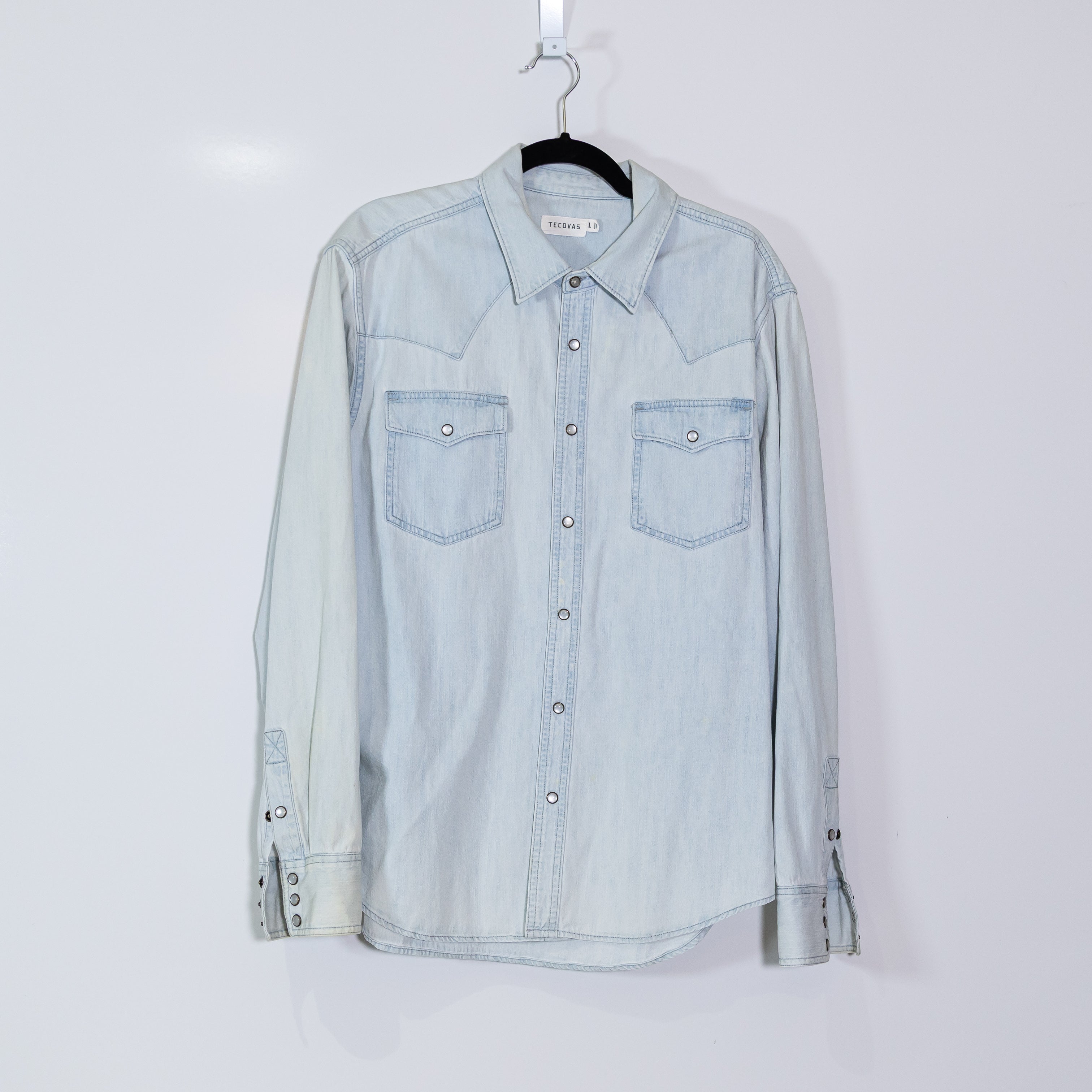 Tecovas Women's Denim Pearl Snap Collared Long Sleeve Cotton Shirt Large Blue
