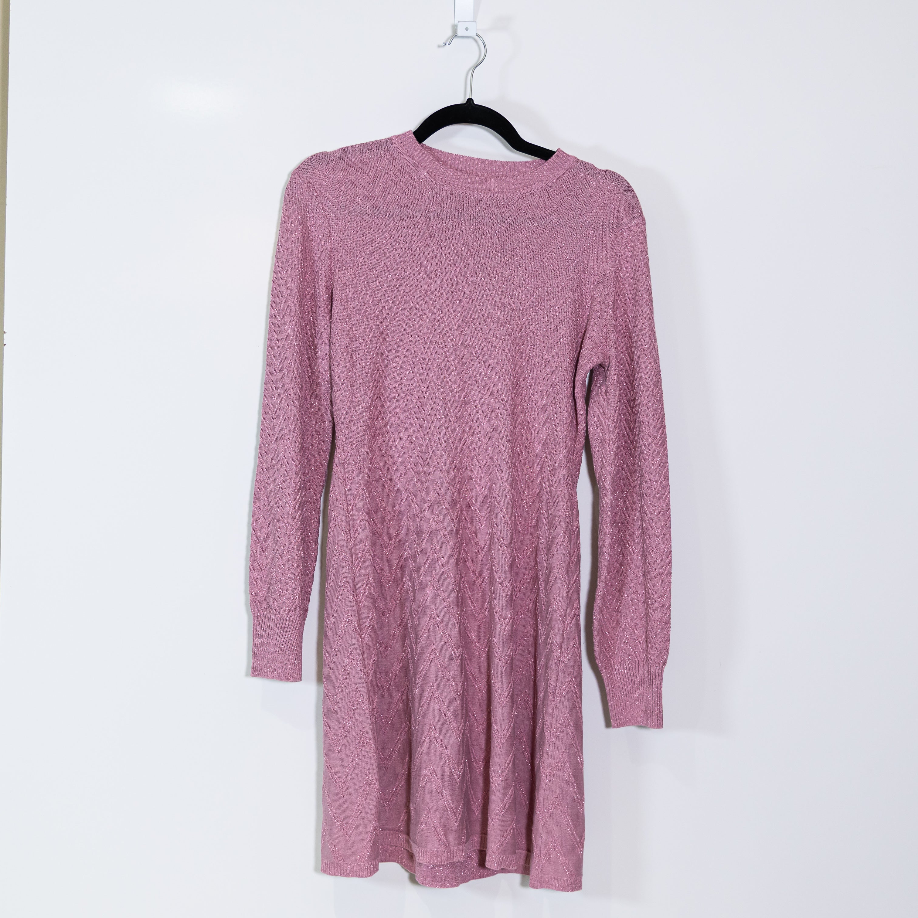 NEW Missoni Cotton Blend Knit Stretch Pink Metallic Crew Neck Sweater Dress L
