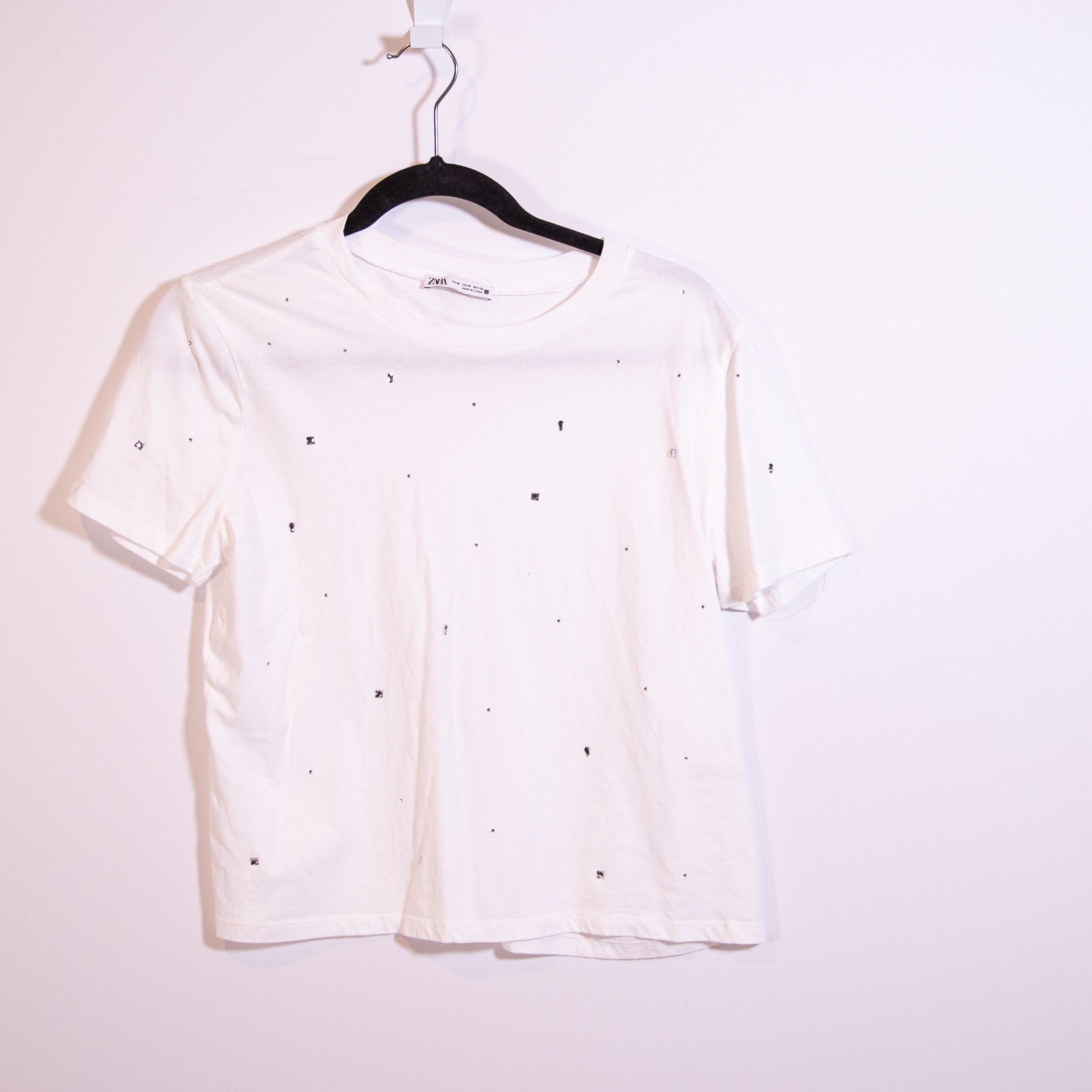 Zara Cotton Crew Neck Short Sleeve Crystal Jewel Diamond Embellished Tee Shirt M