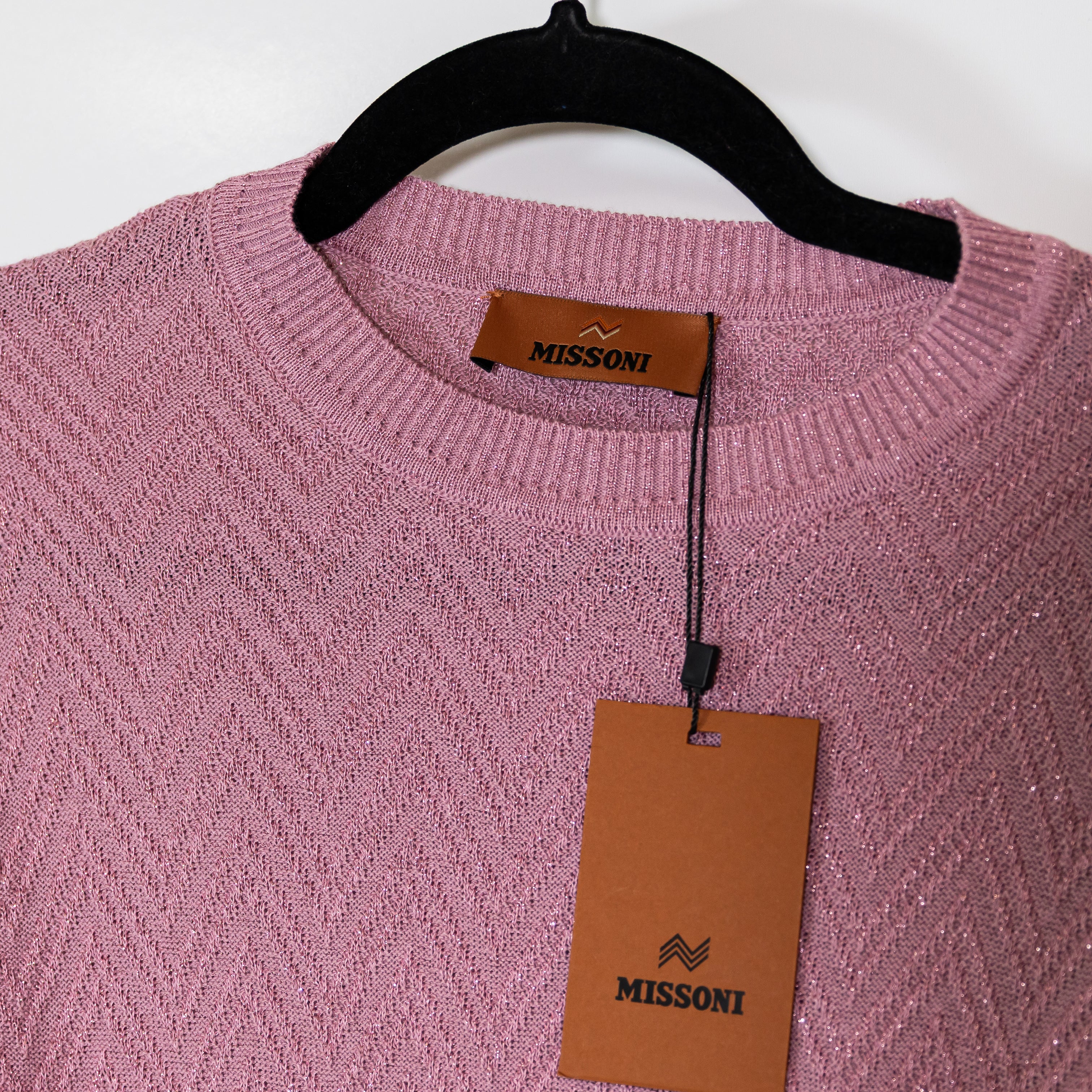 NEW Missoni Cotton Blend Knit Stretch Pink Metallic Crew Neck Sweater Dress L