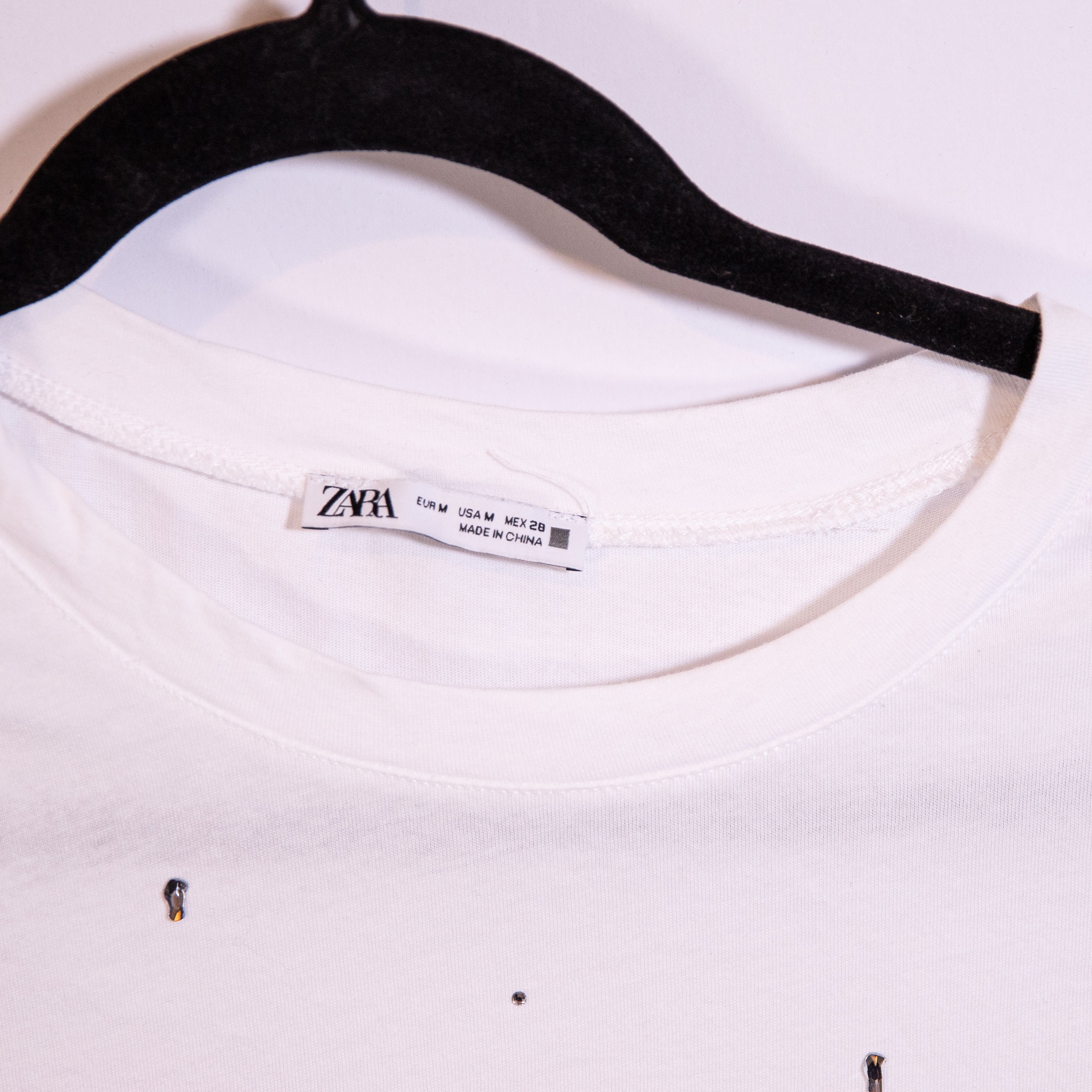 Zara Cotton Crew Neck Short Sleeve Crystal Jewel Diamond Embellished Tee Shirt M