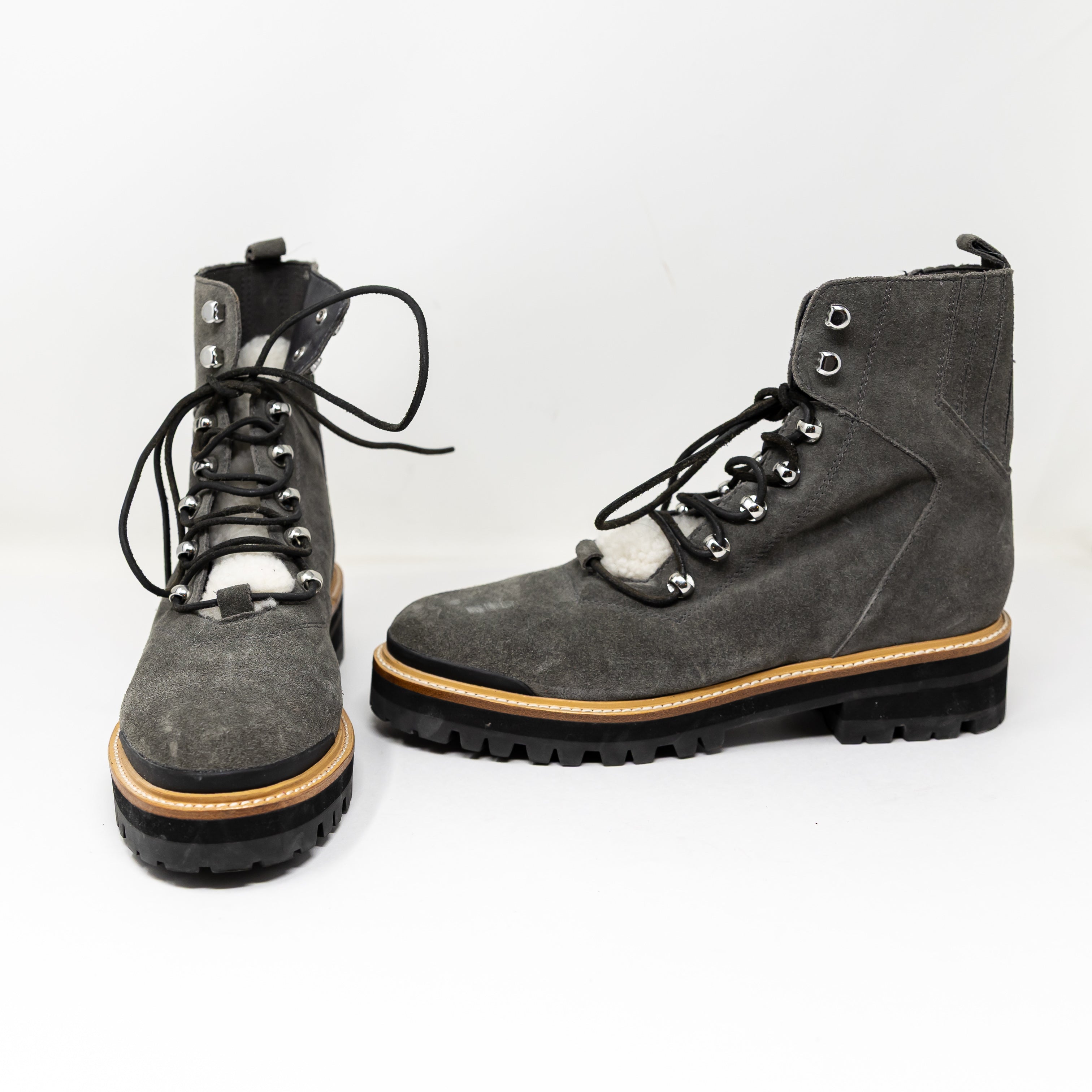 NEW Marc Fisher Lizzie Lace Up Faux Shearling Suede Ankle Booties Shoes Gray 10