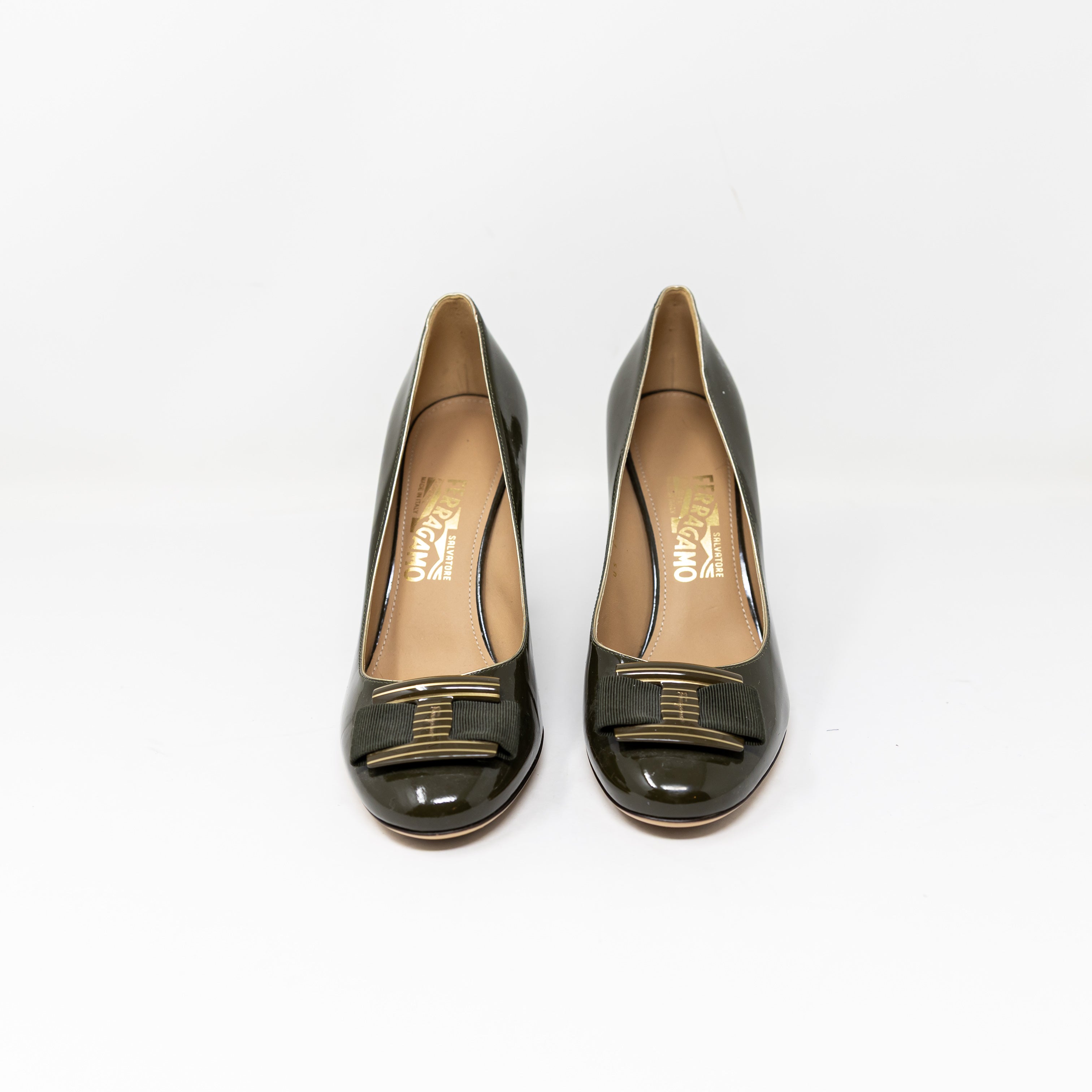 Ferragamo Elinda Genuine Patent Leather Logo Bow Almond Toe High Heel Pumps Shoe