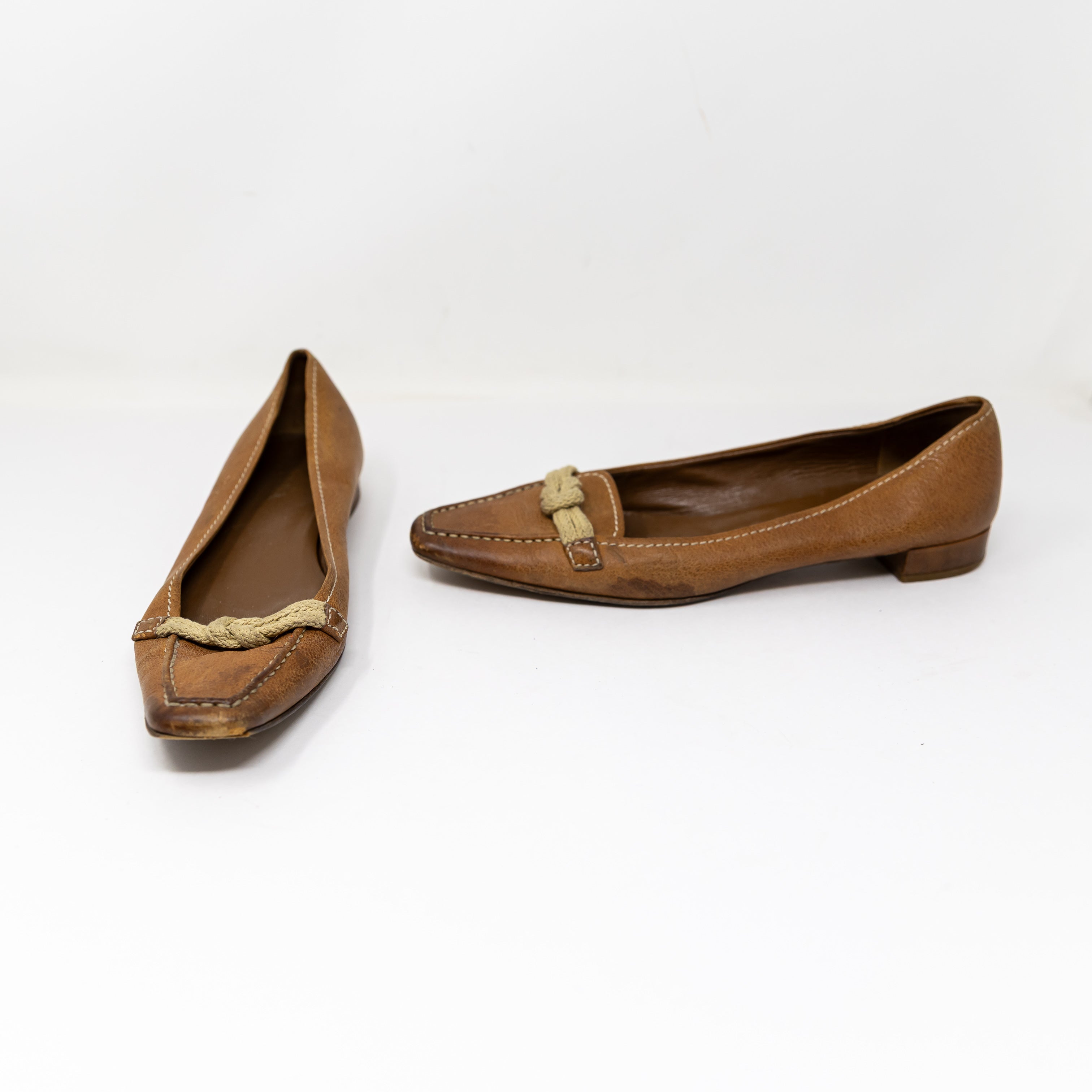 Prada Vintage Genuine Leather Made In Italy Rope Tie Slip On Flats Shoes Brown
