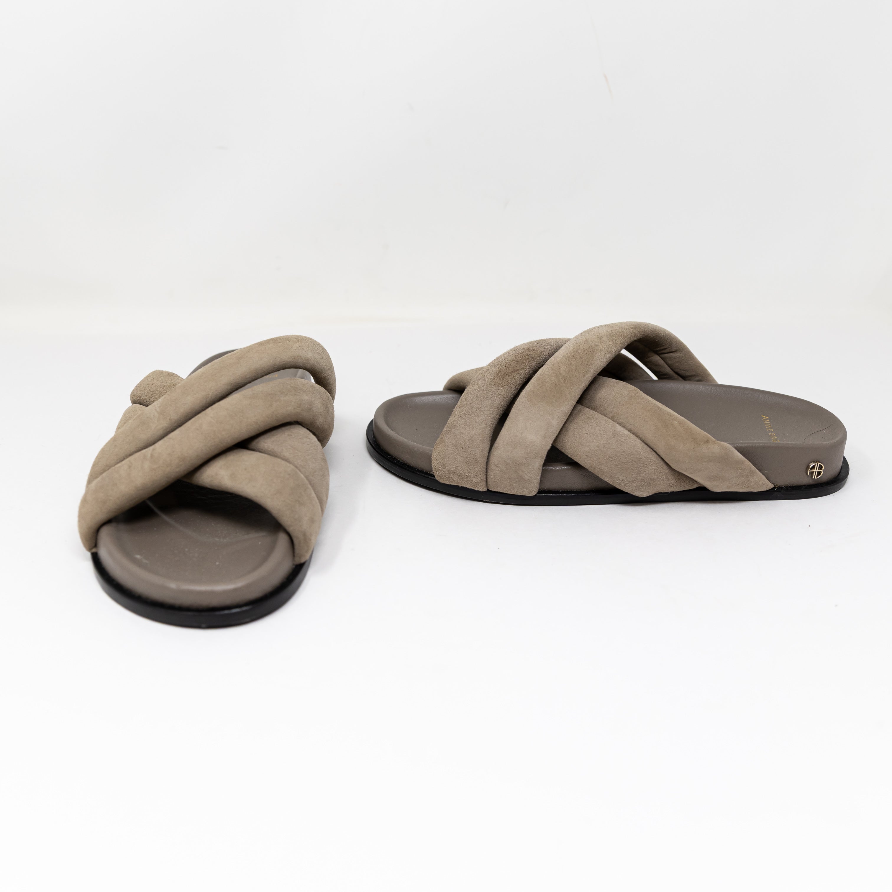Anine Bing Lizzie Genuine Suede Strappy Open Toe Sandals Slides Shoes Taupe 8