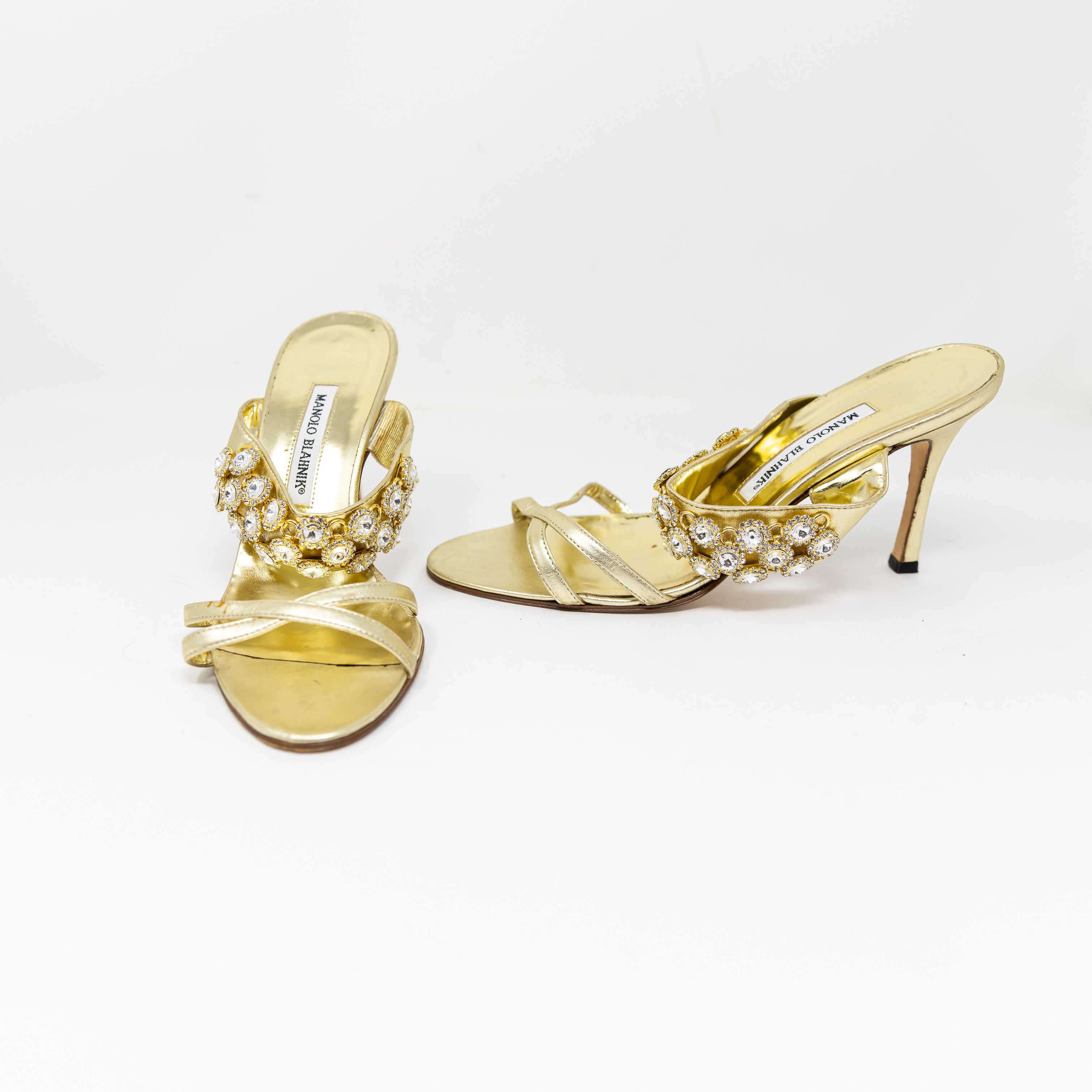 Manolo Blahnik Gold Metallic Genuine Leather Crystal Jewel Embellished High Heel