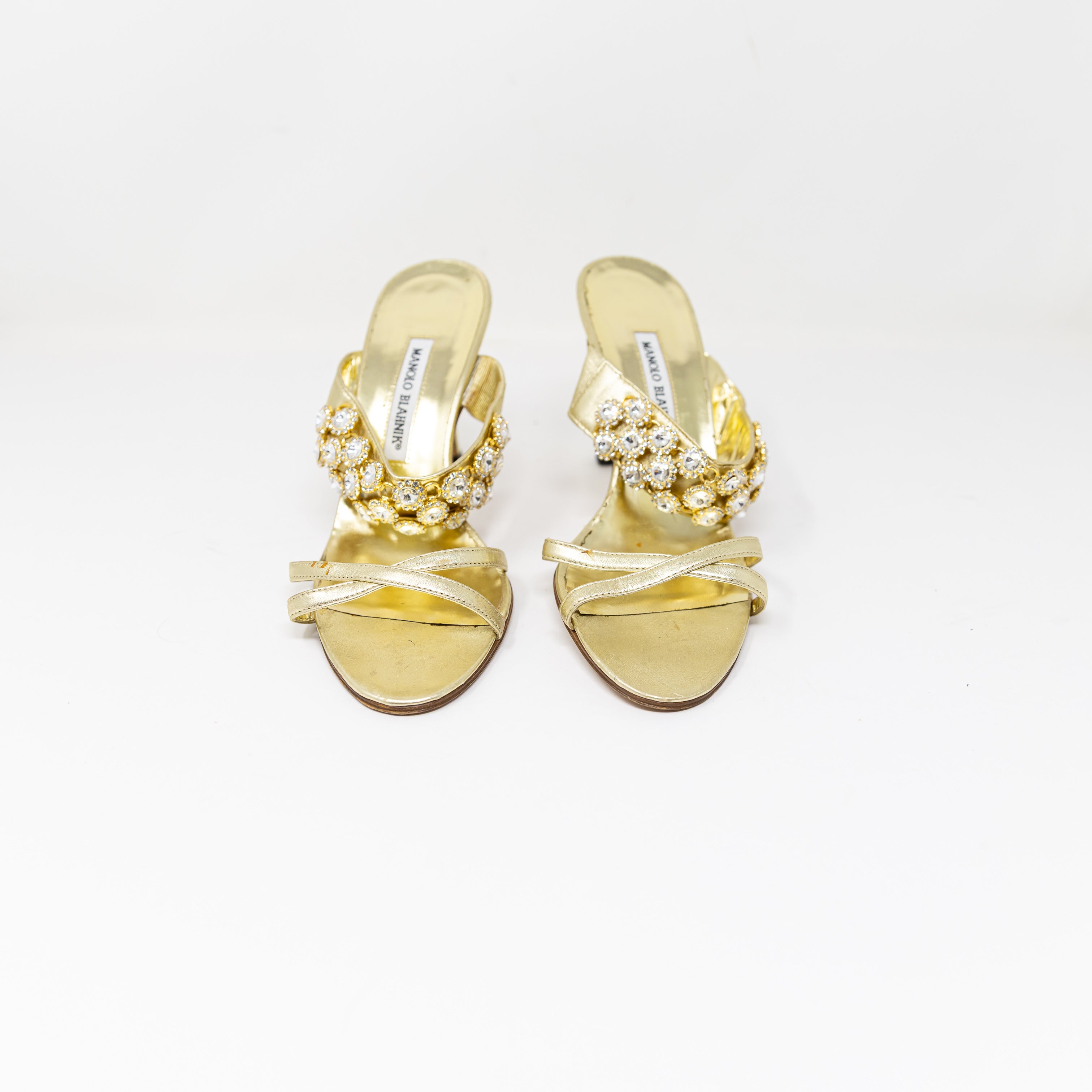 Manolo Blahnik Gold Metallic Genuine Leather Crystal Jewel Embellished High Heel