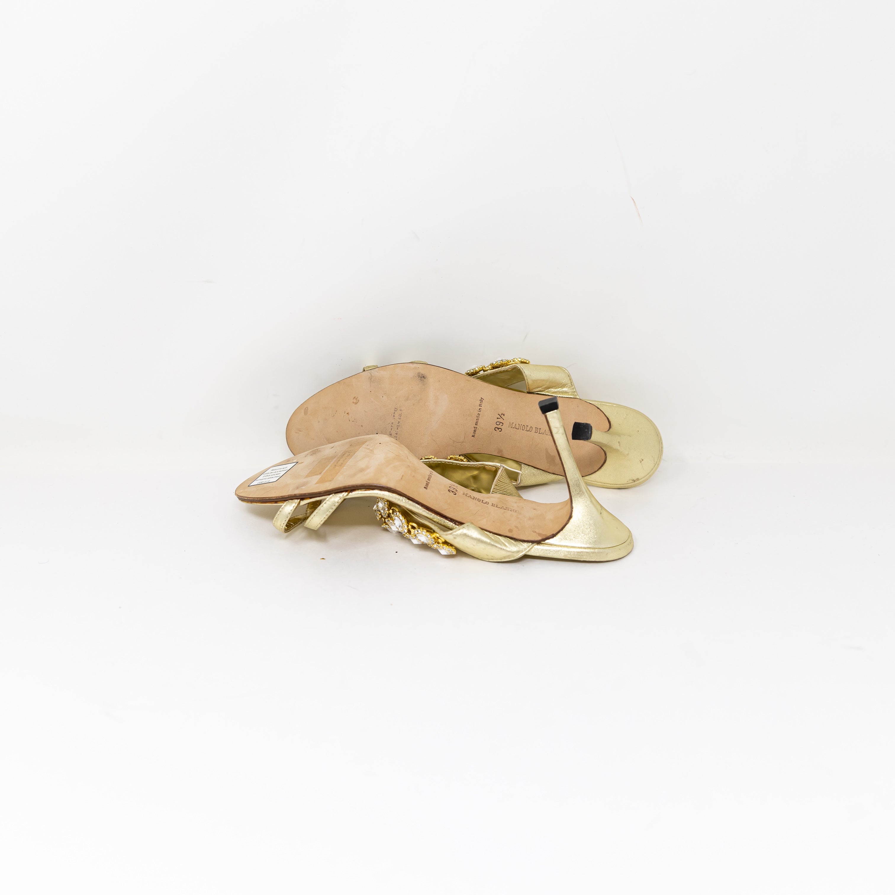 Manolo Blahnik Gold Metallic Genuine Leather Crystal Jewel Embellished High Heel