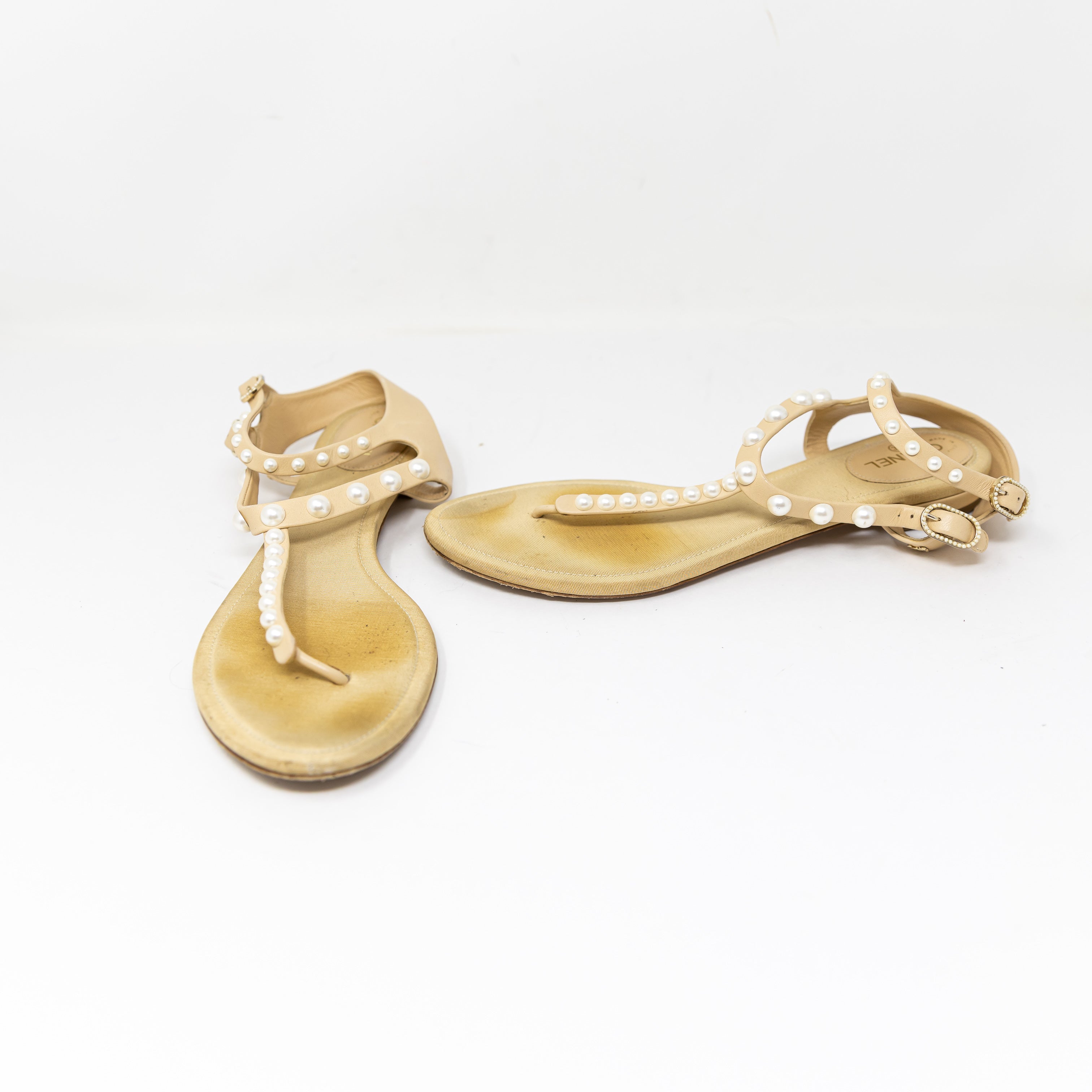 Chanel Genuine Leather Pearl Embellished Coco Mark Strappy Sandals Shoes Neutral