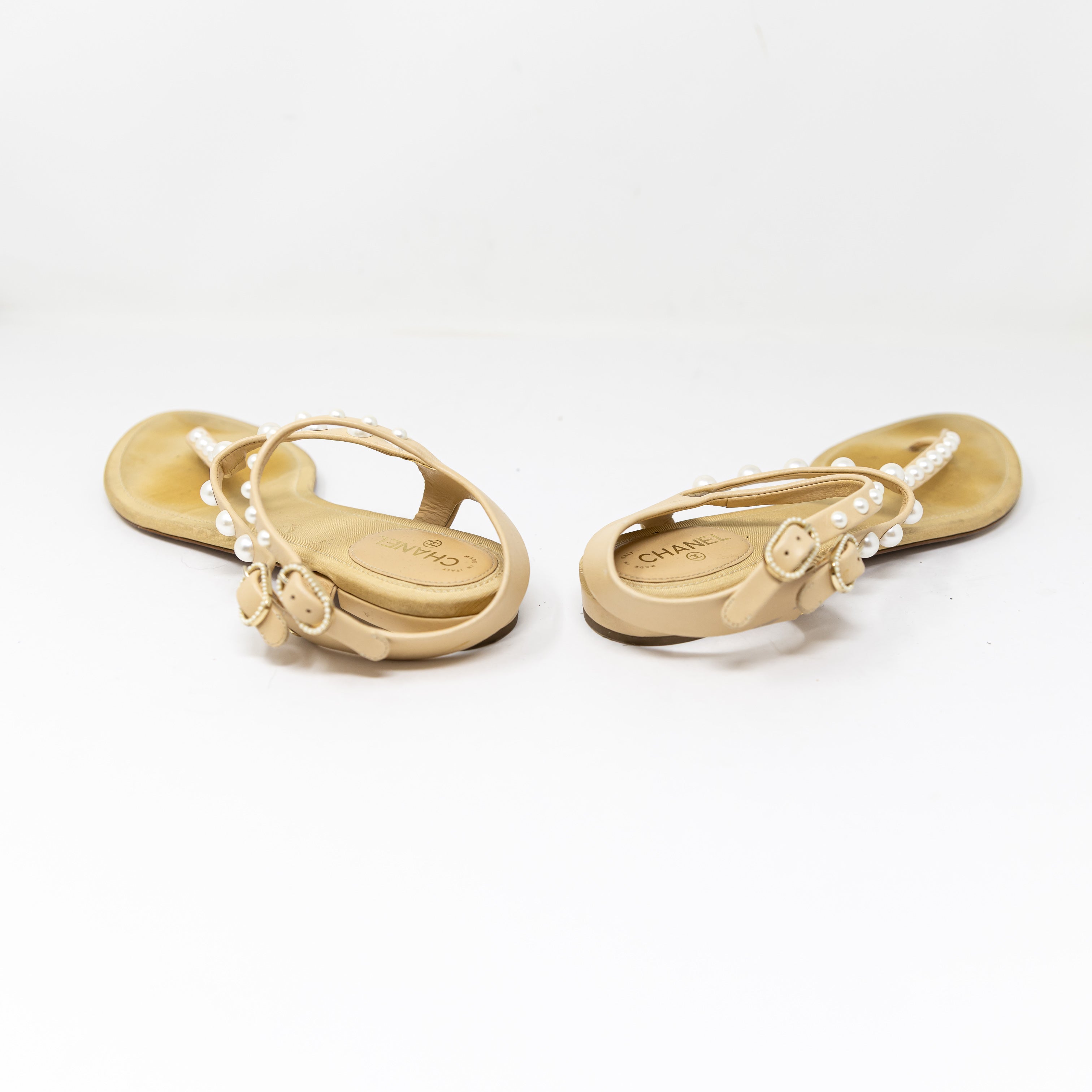 Chanel Genuine Leather Pearl Embellished Coco Mark Strappy Sandals Shoes Neutral