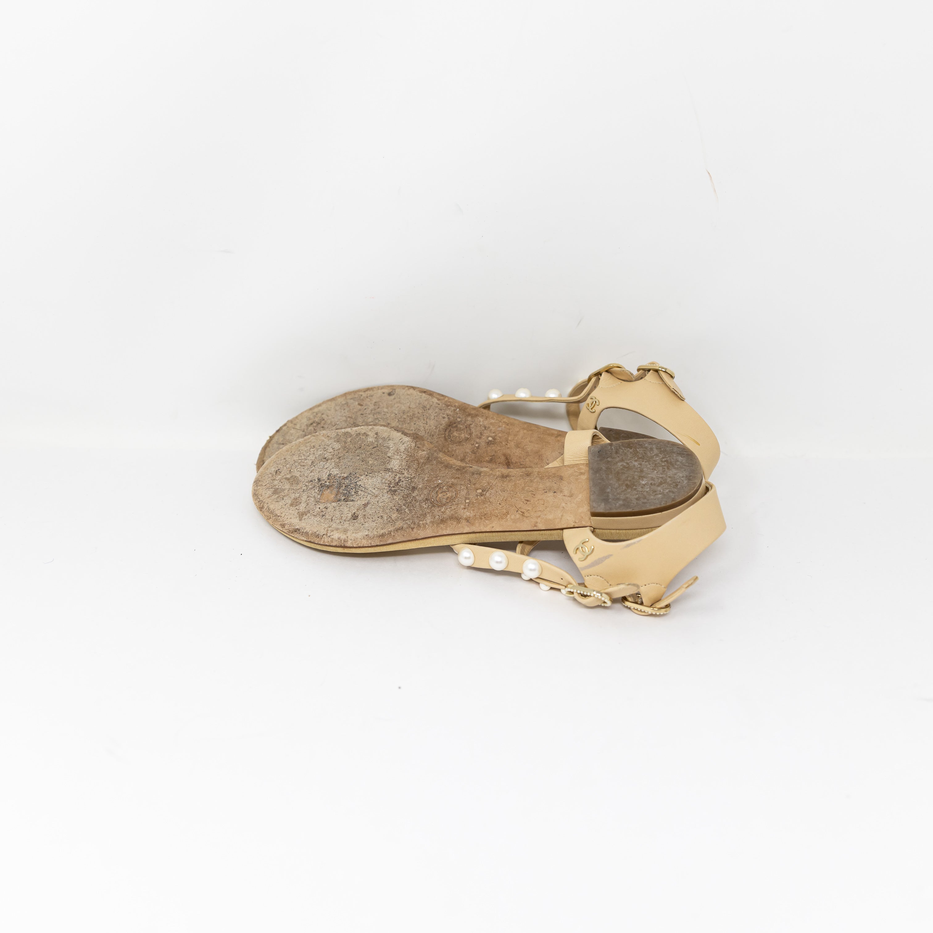 Chanel Genuine Leather Pearl Embellished Coco Mark Strappy Sandals Shoes Neutral