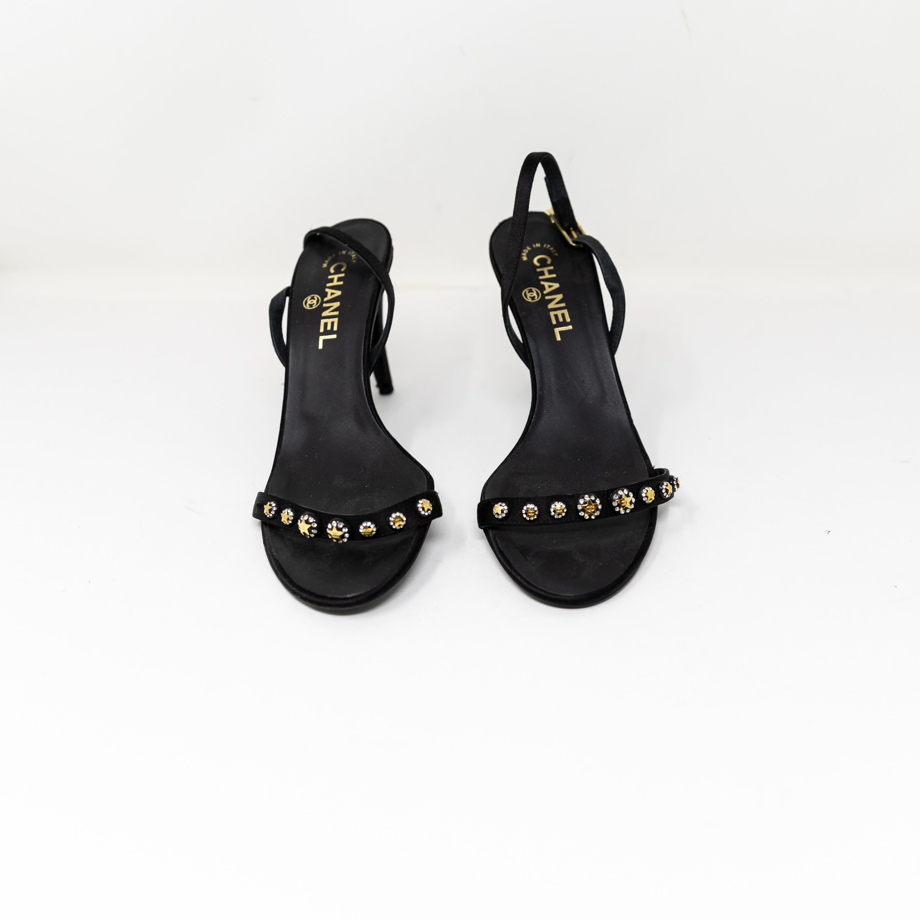 Chanel Silk Satin Star Crystal Jewel Embellished Slingback High Heels Shoes 9