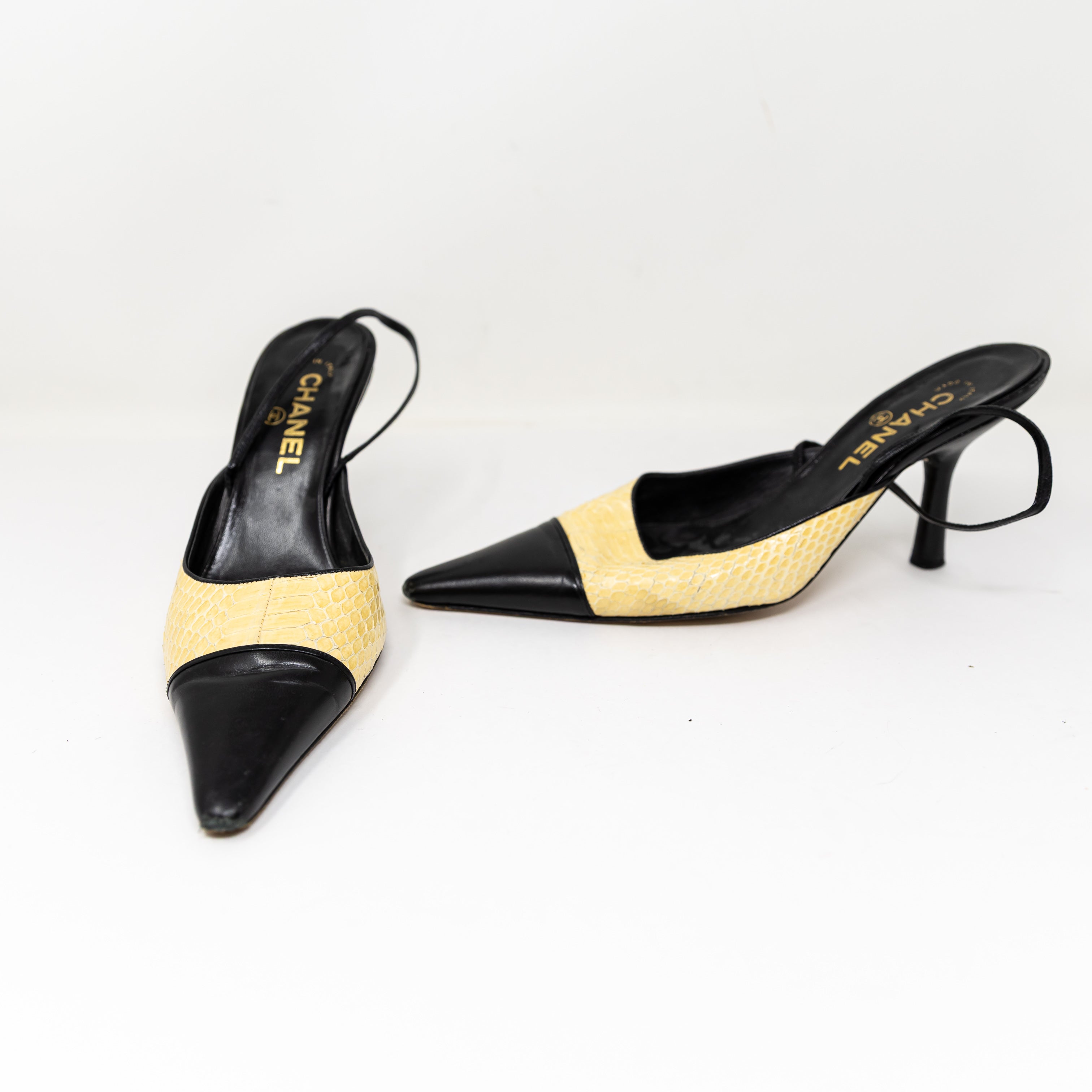 Chanel Women's Made In Italy Genuine Leather Snake Embossed Slingback Pumps Heel