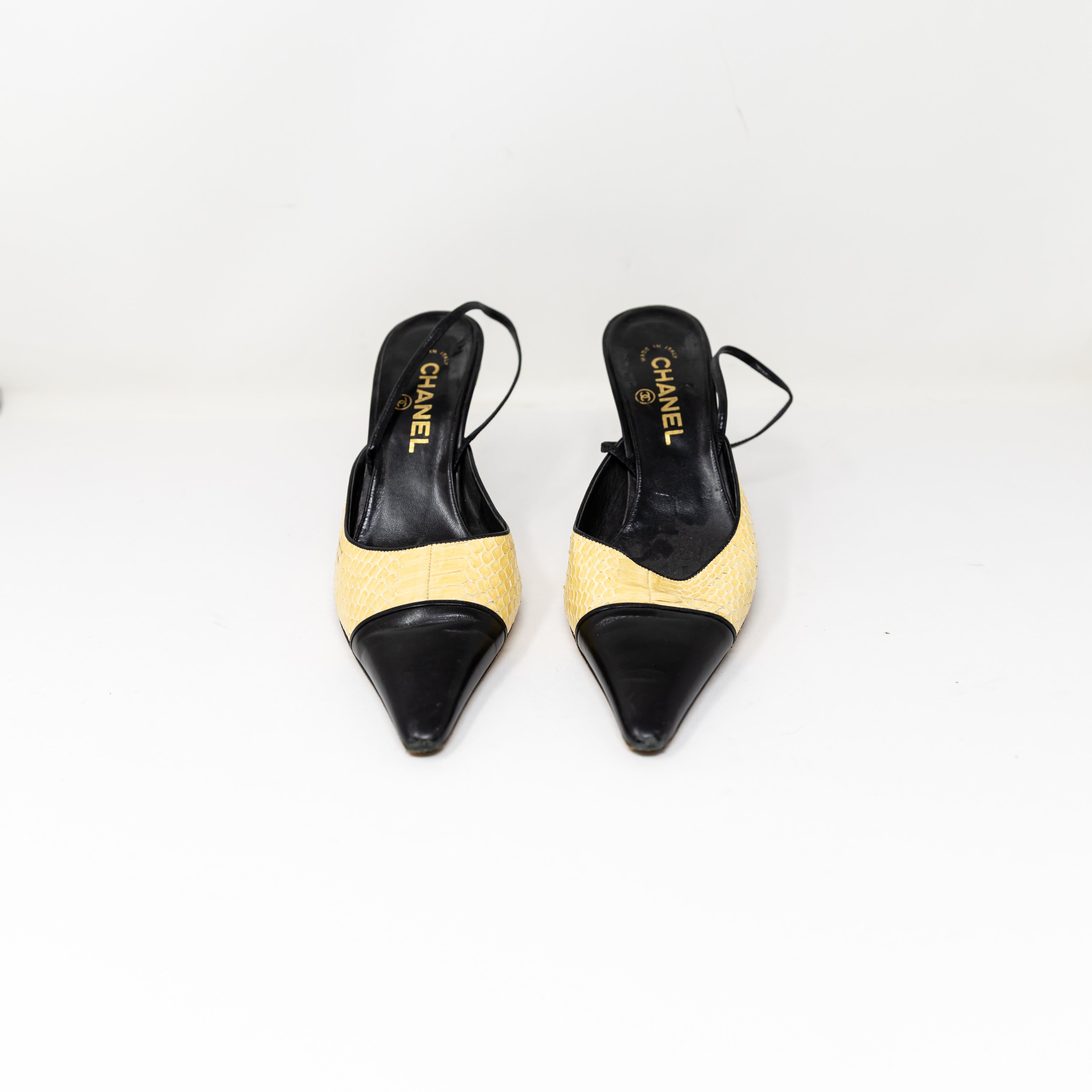 Chanel Women's Made In Italy Genuine Leather Snake Embossed Slingback Pumps Heel
