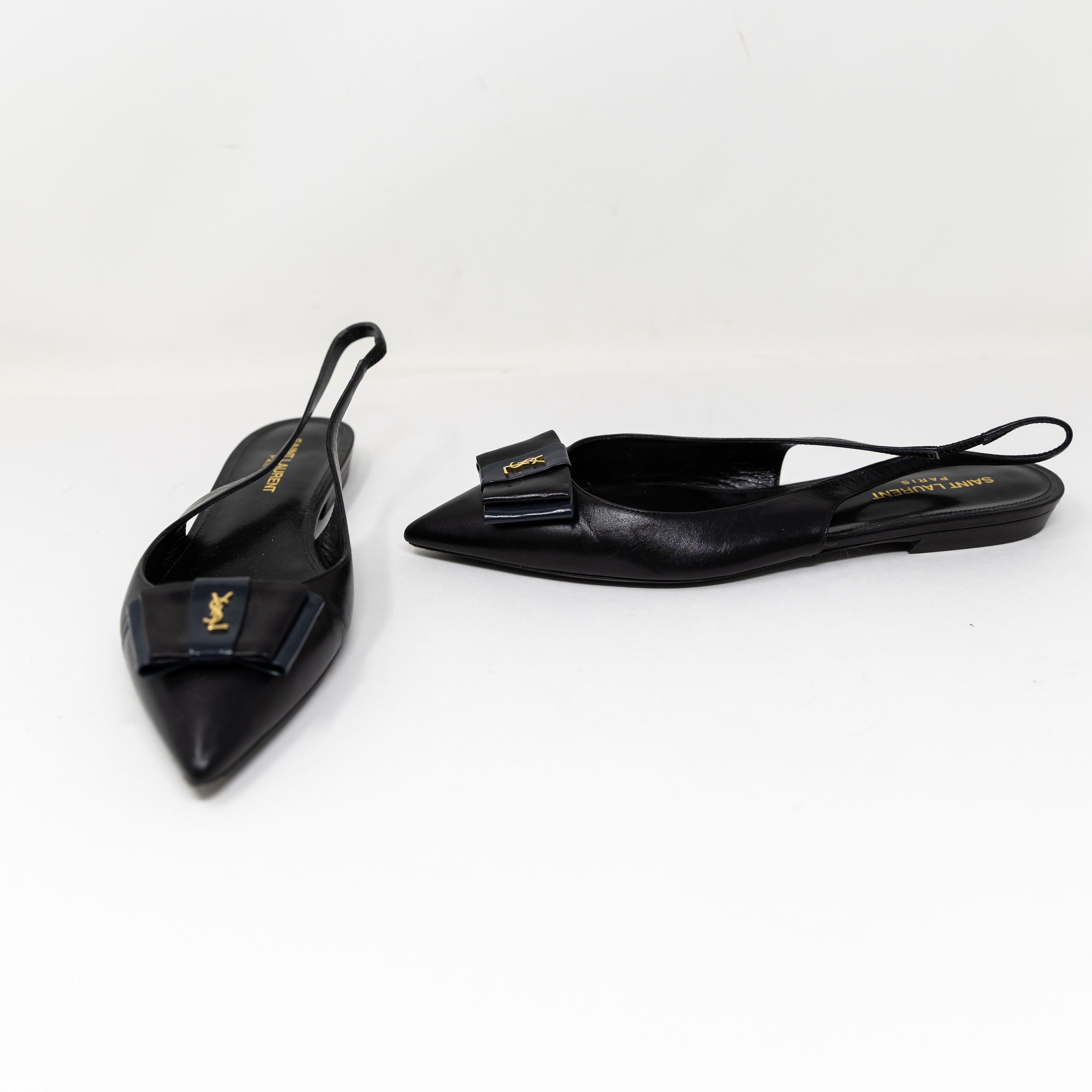 Saint Laurent Paris YSL Anais Genuine Leather Pointed Toe Slingback Flats Shoes