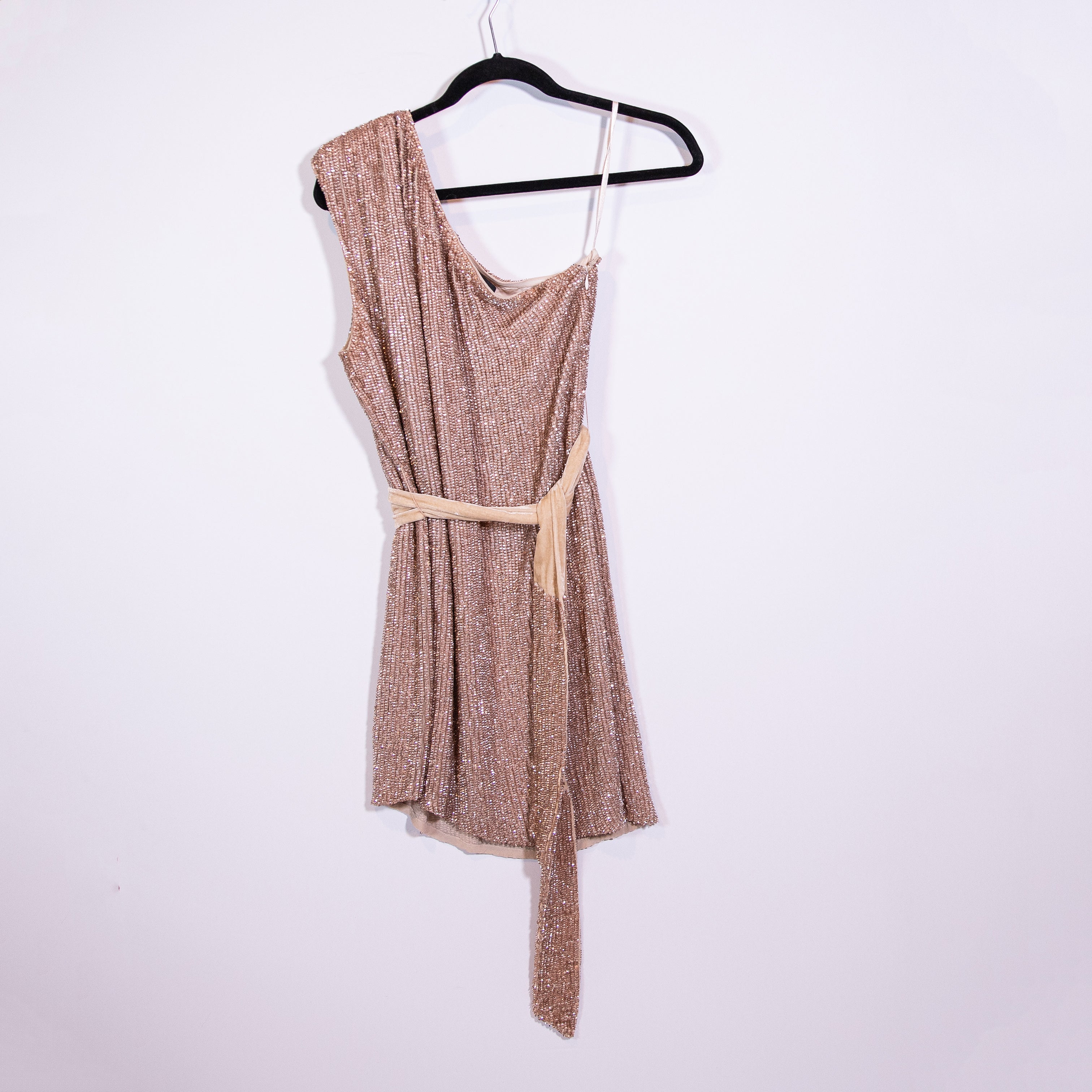 Retrofete Ella Beaded Sequin Sparkle Embellished One Shoulder Mini Dress Bronze