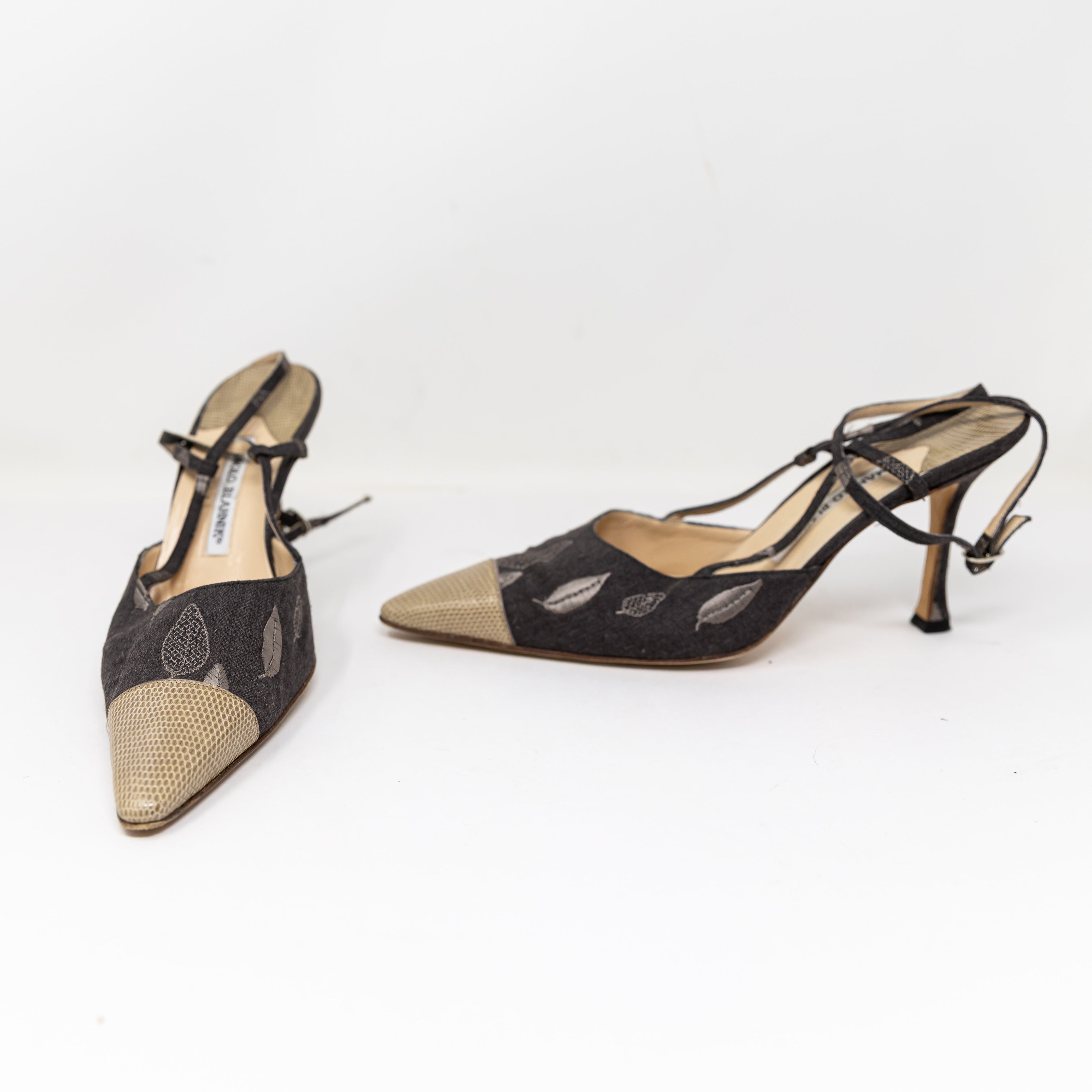 Manolo Blahnik Mixed Media Leaf Embroidered Snake Leather Embossed Cap Toe Heels