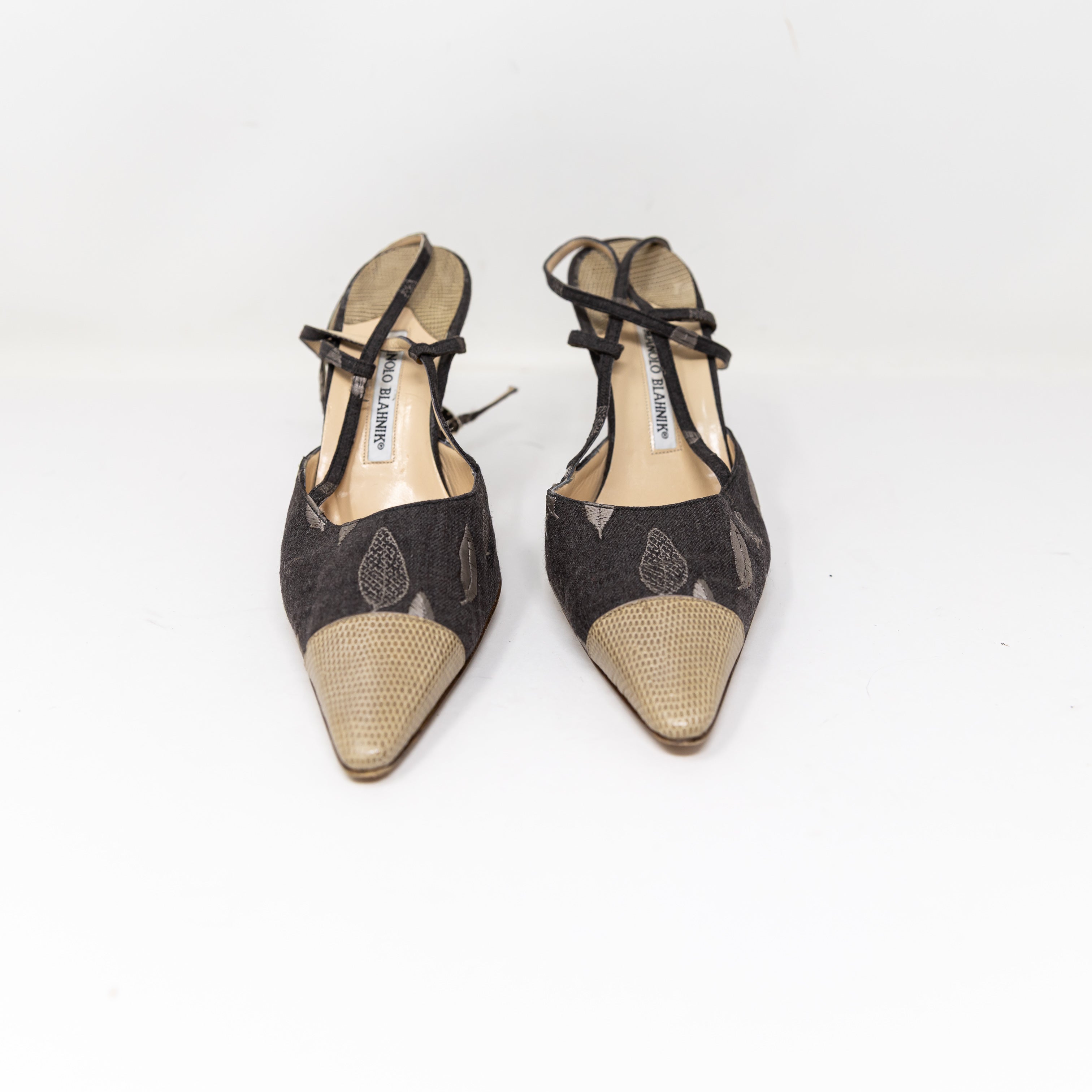 Manolo Blahnik Mixed Media Leaf Embroidered Snake Leather Embossed Cap Toe Heels