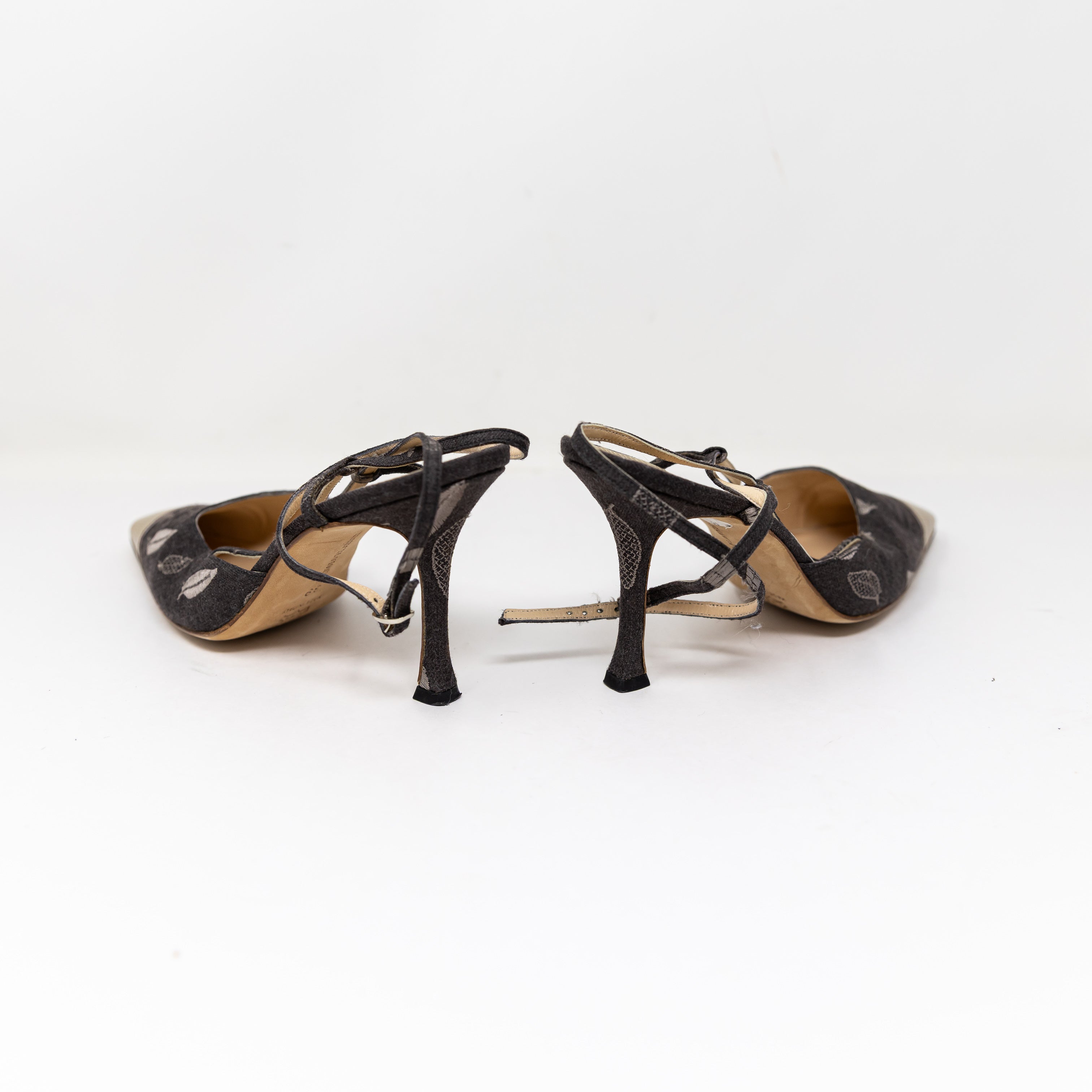 Manolo Blahnik Mixed Media Leaf Embroidered Snake Leather Embossed Cap Toe Heels