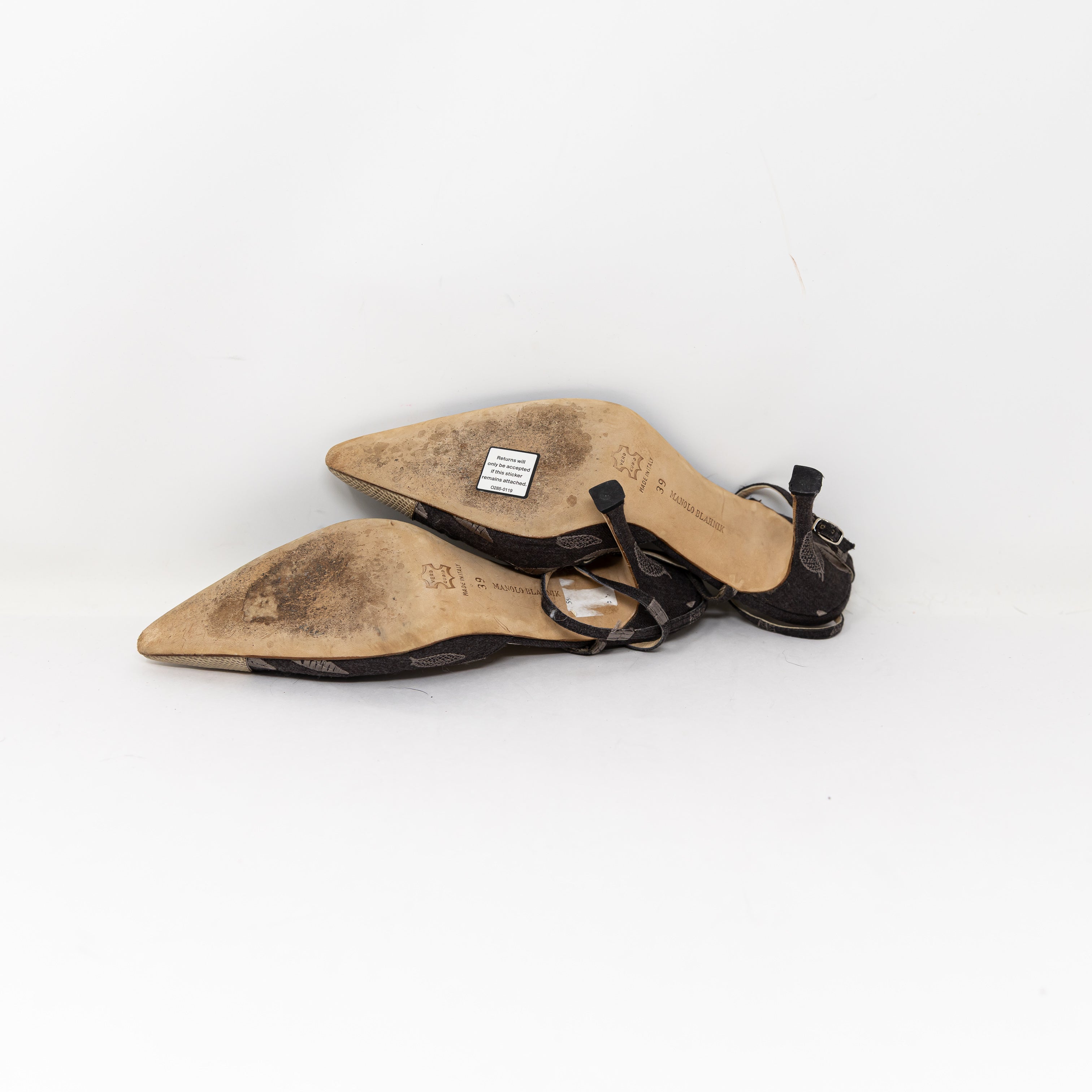 Manolo Blahnik Mixed Media Leaf Embroidered Snake Leather Embossed Cap Toe Heels