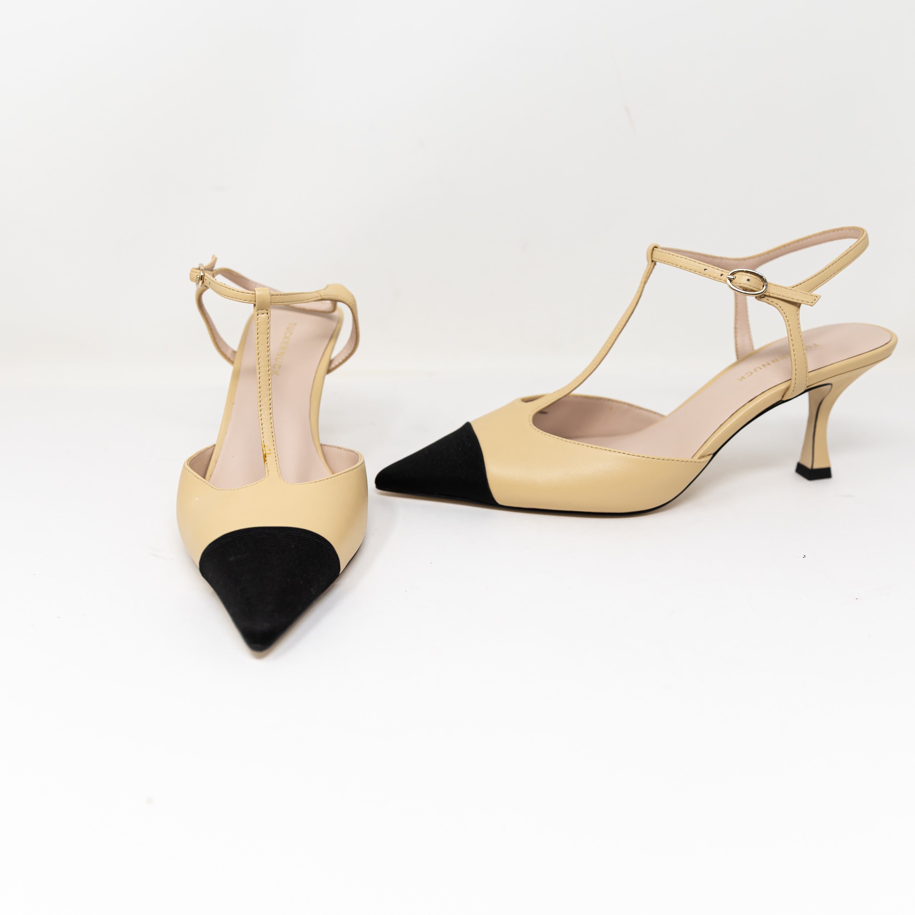 NEW Tuckernuck Margot Grosgrain Cap Pointed Toe T Strap Heels Shoes Neutral 9 