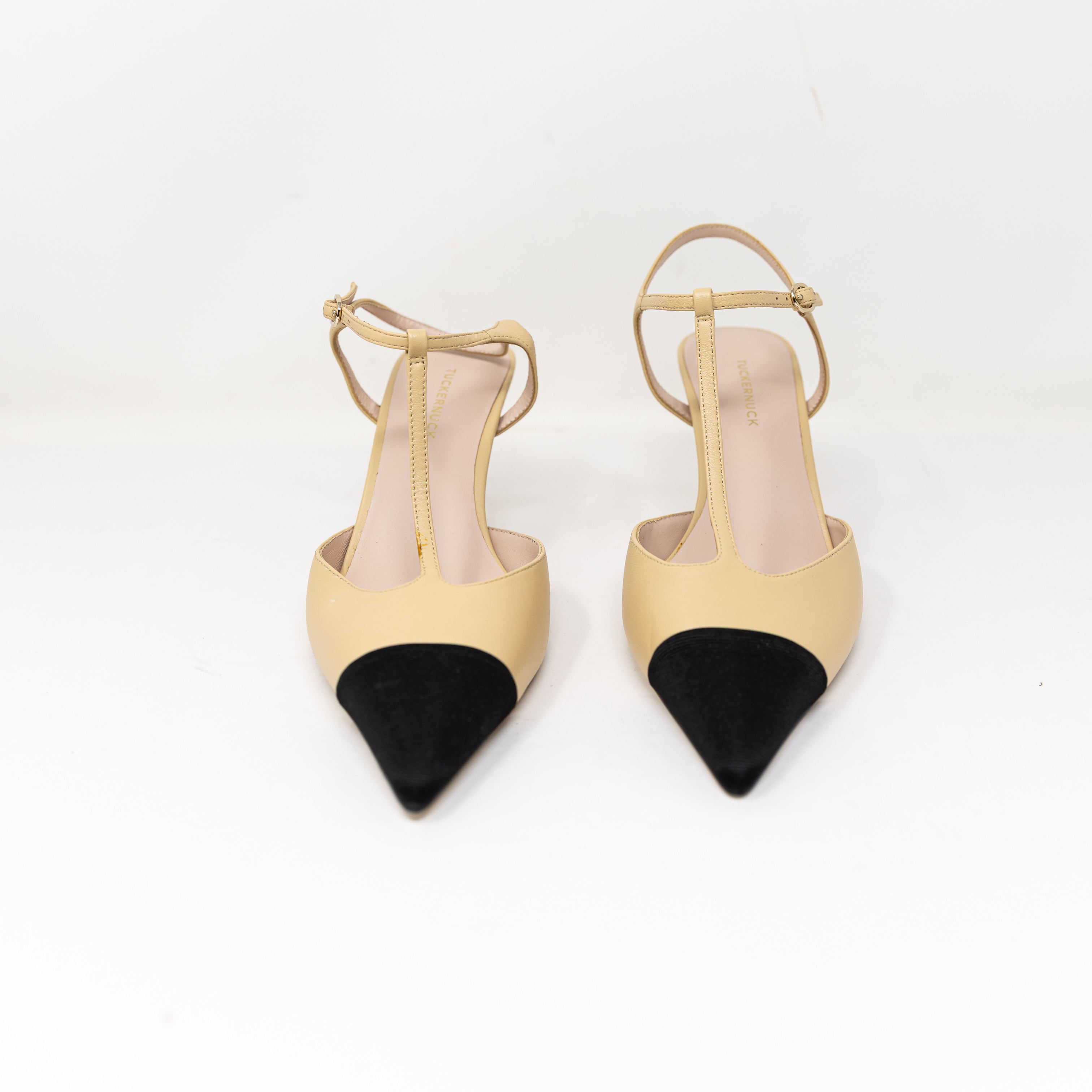 NEW Tuckernuck Margot Grosgrain Cap Pointed Toe T Strap Heels Shoes Neutral 9 
