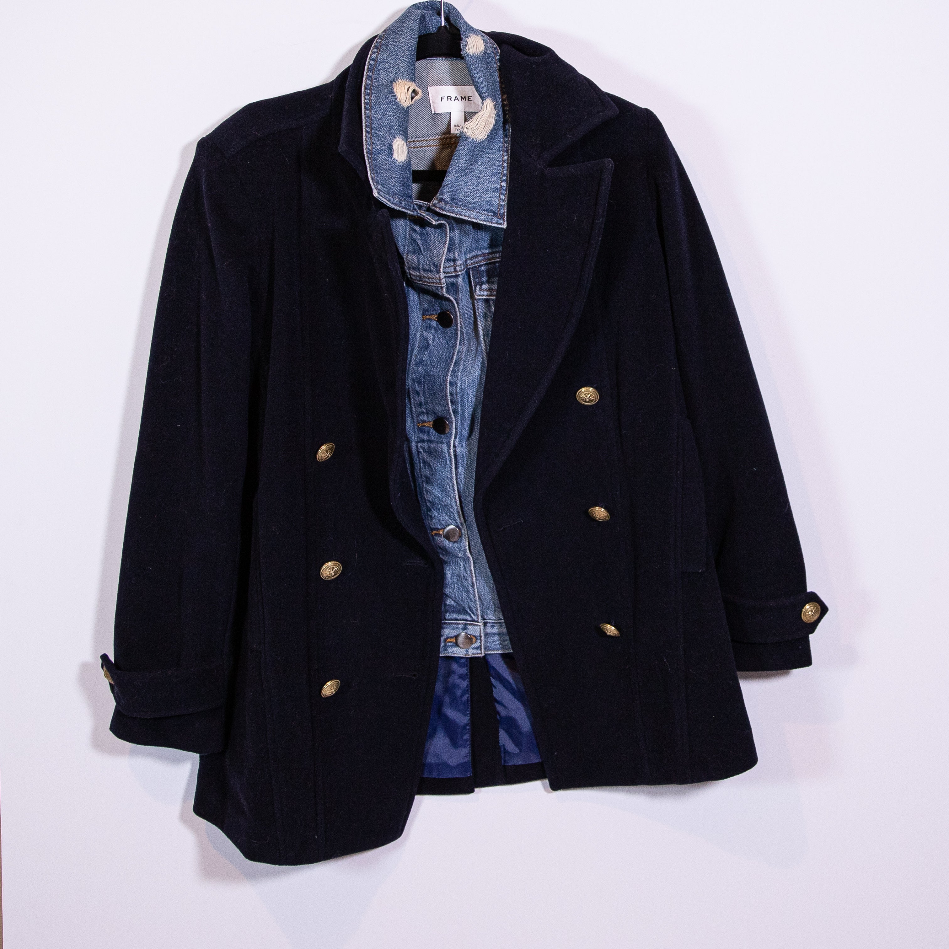 Frame Women's Cotton Wool Felt Cashmere Blend Mix Double Breasted Peacoat Navy