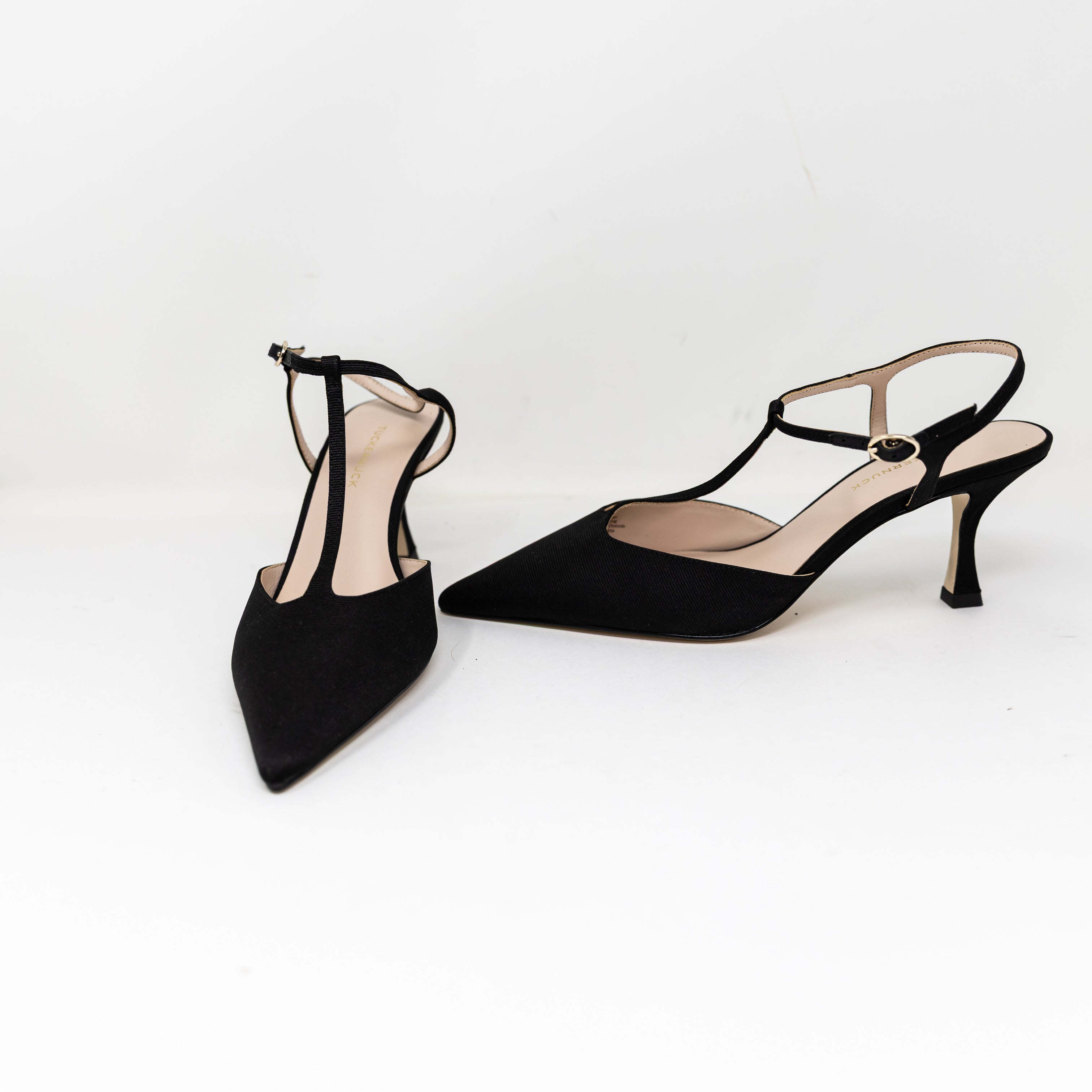 NEW Tuckernuck Margot Grosgrain Pointed Toe T Strap Heels Shoes Solid Black 9