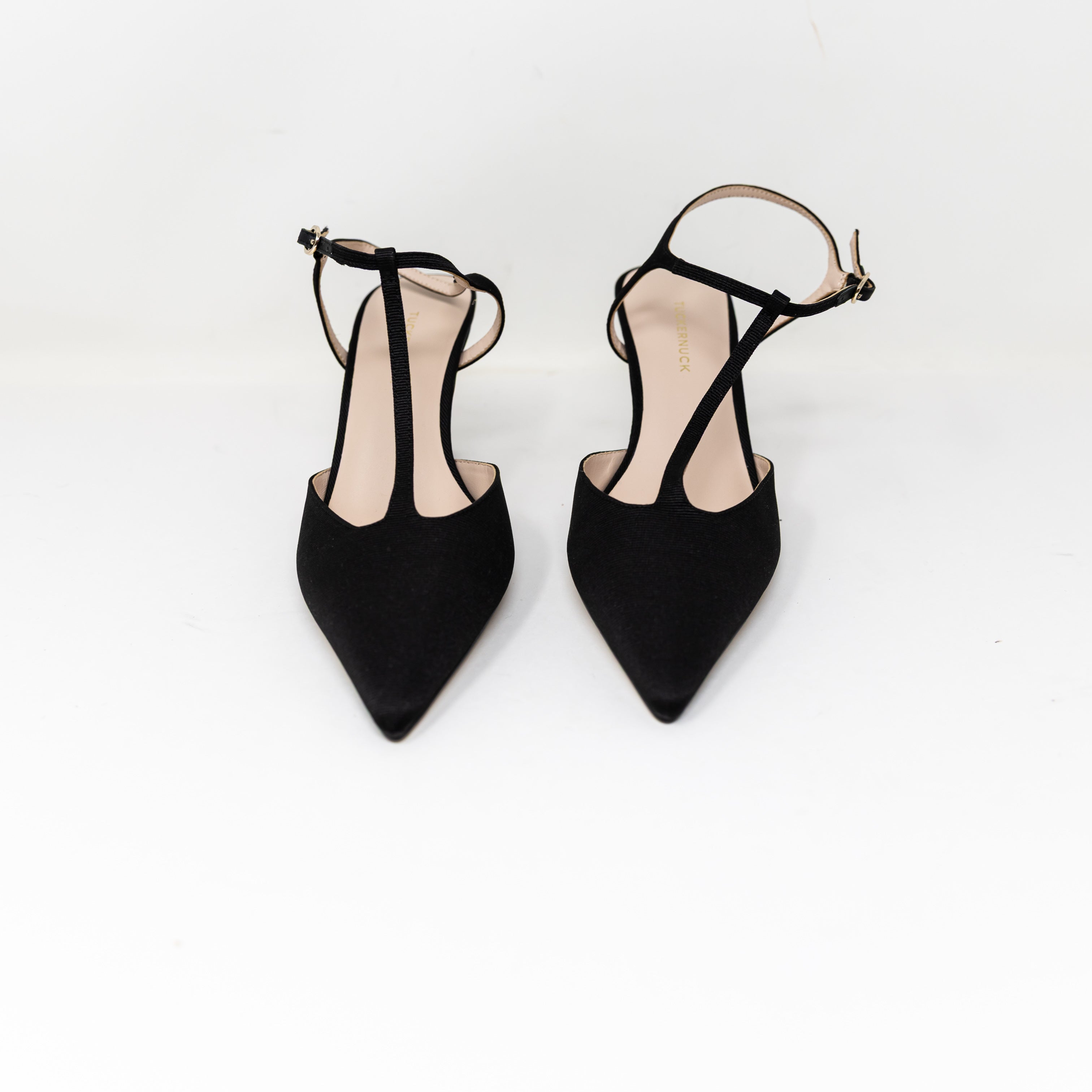 NEW Tuckernuck Margot Grosgrain Pointed Toe T Strap Heels Shoes Solid Black 9
