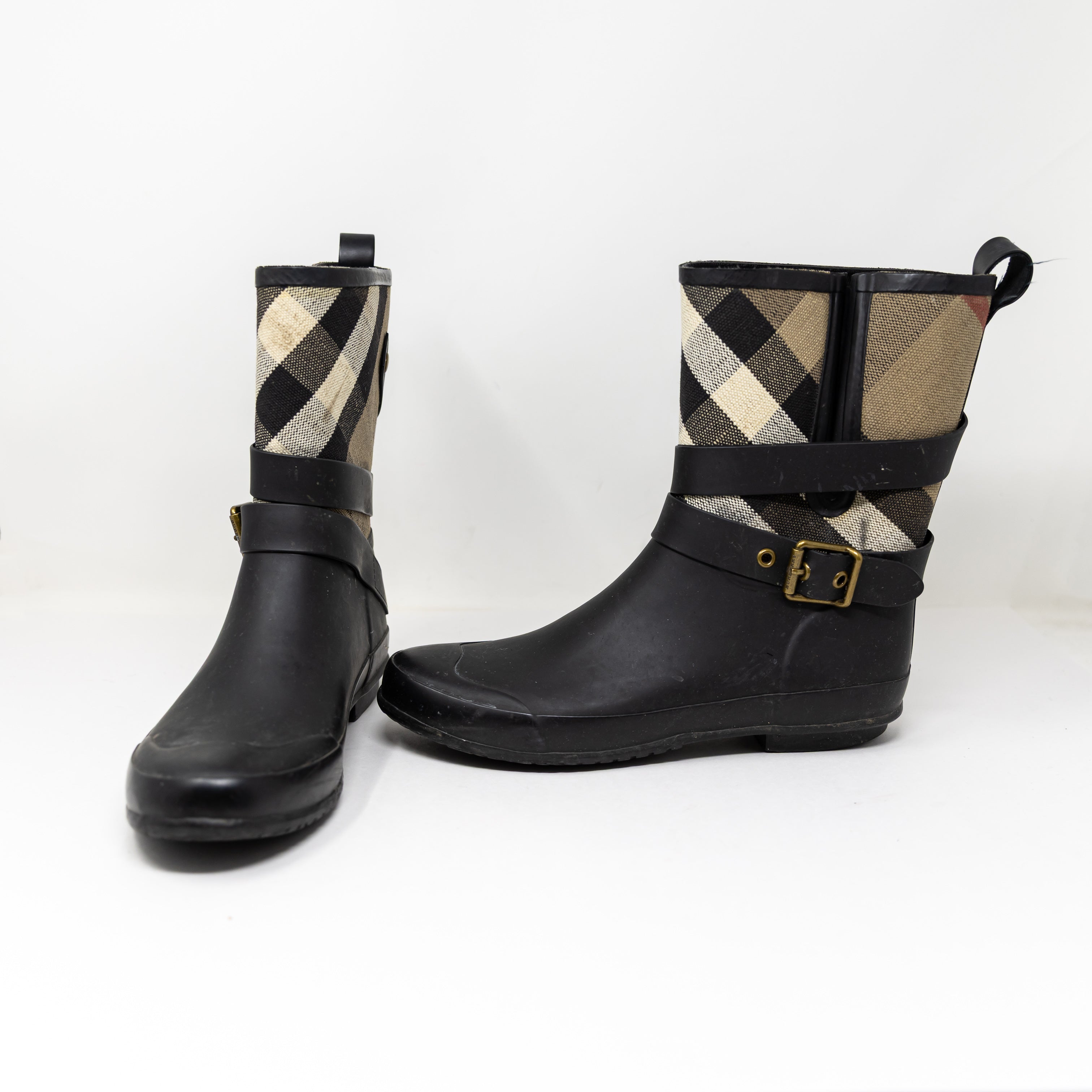 Burberry Women's Holloway Rubber Nova Check Print Canvas Ankle Rain Boots Shoes