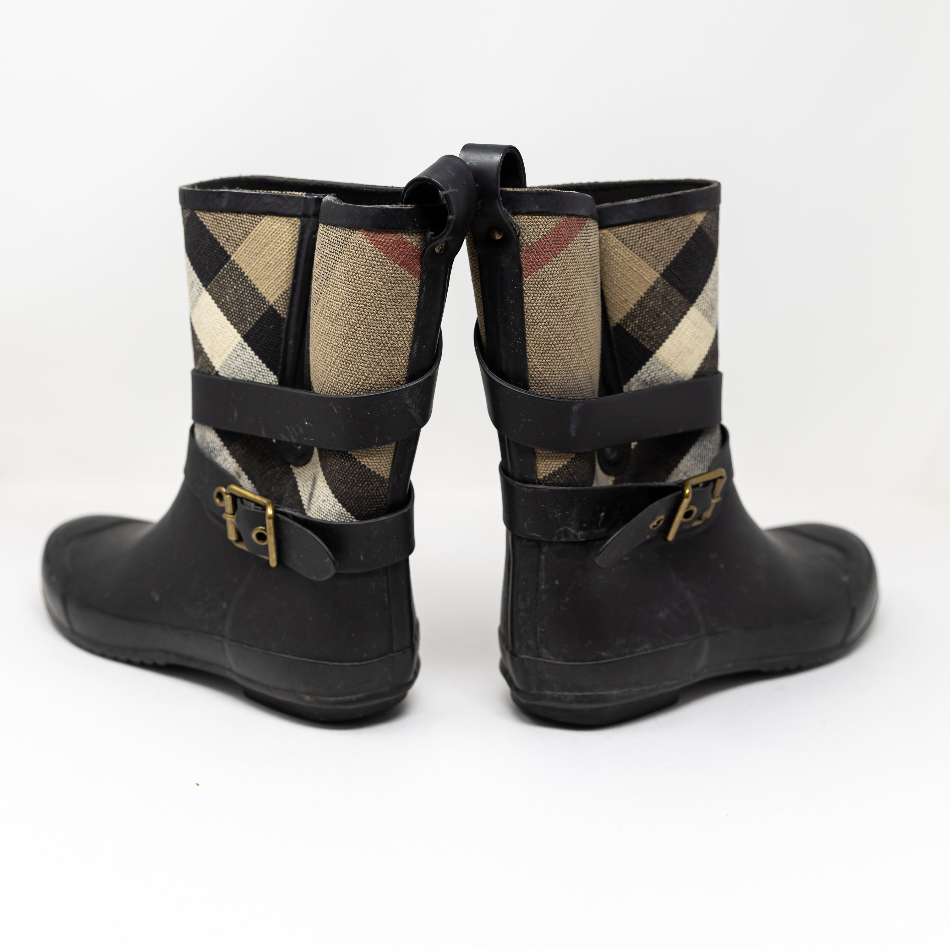 Burberry Women's Holloway Rubber Nova Check Print Canvas Ankle Rain Boots Shoes