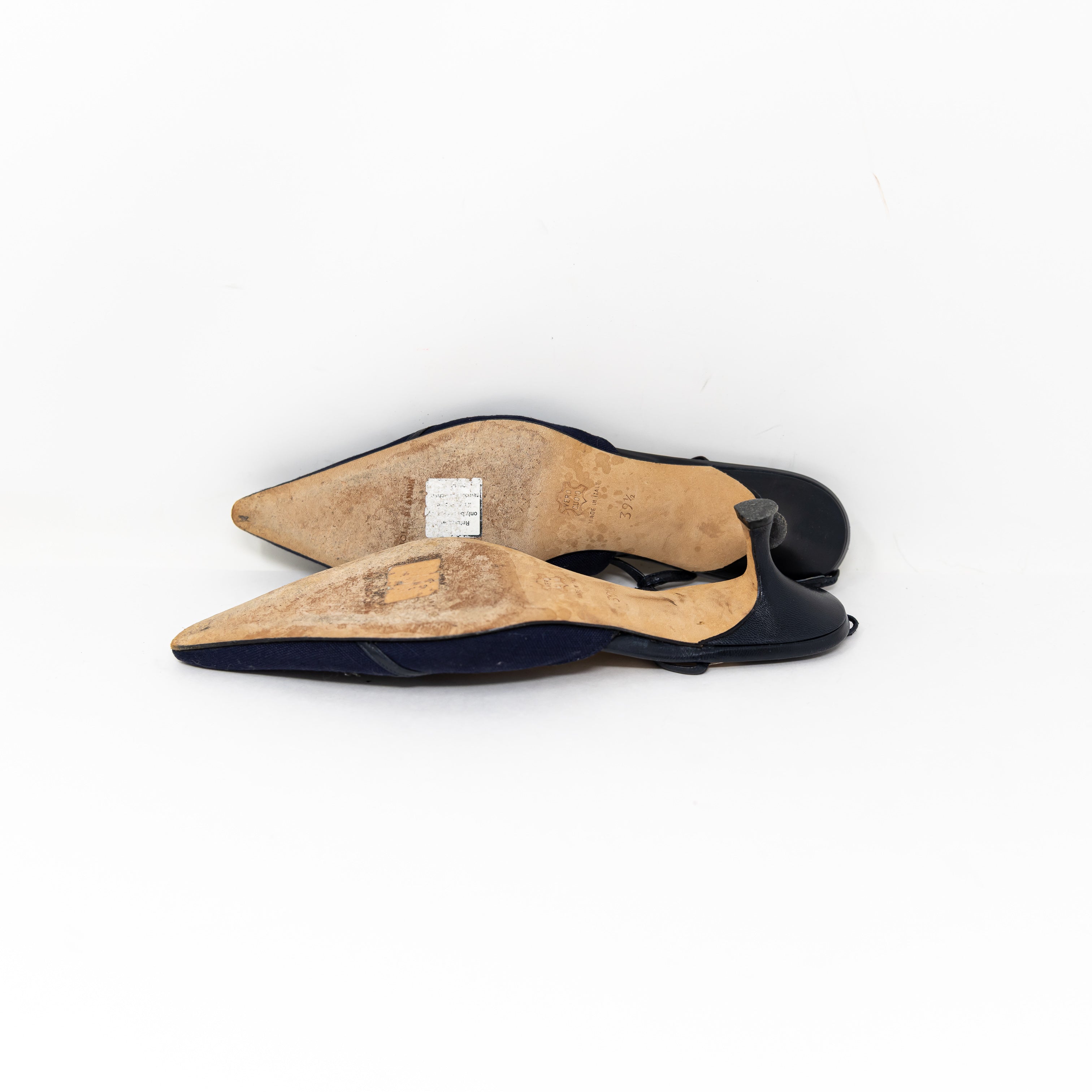 Manolo Blahnik Woven Canvas Genuine Leather Pointed Toe Slingback Pumps Heels
