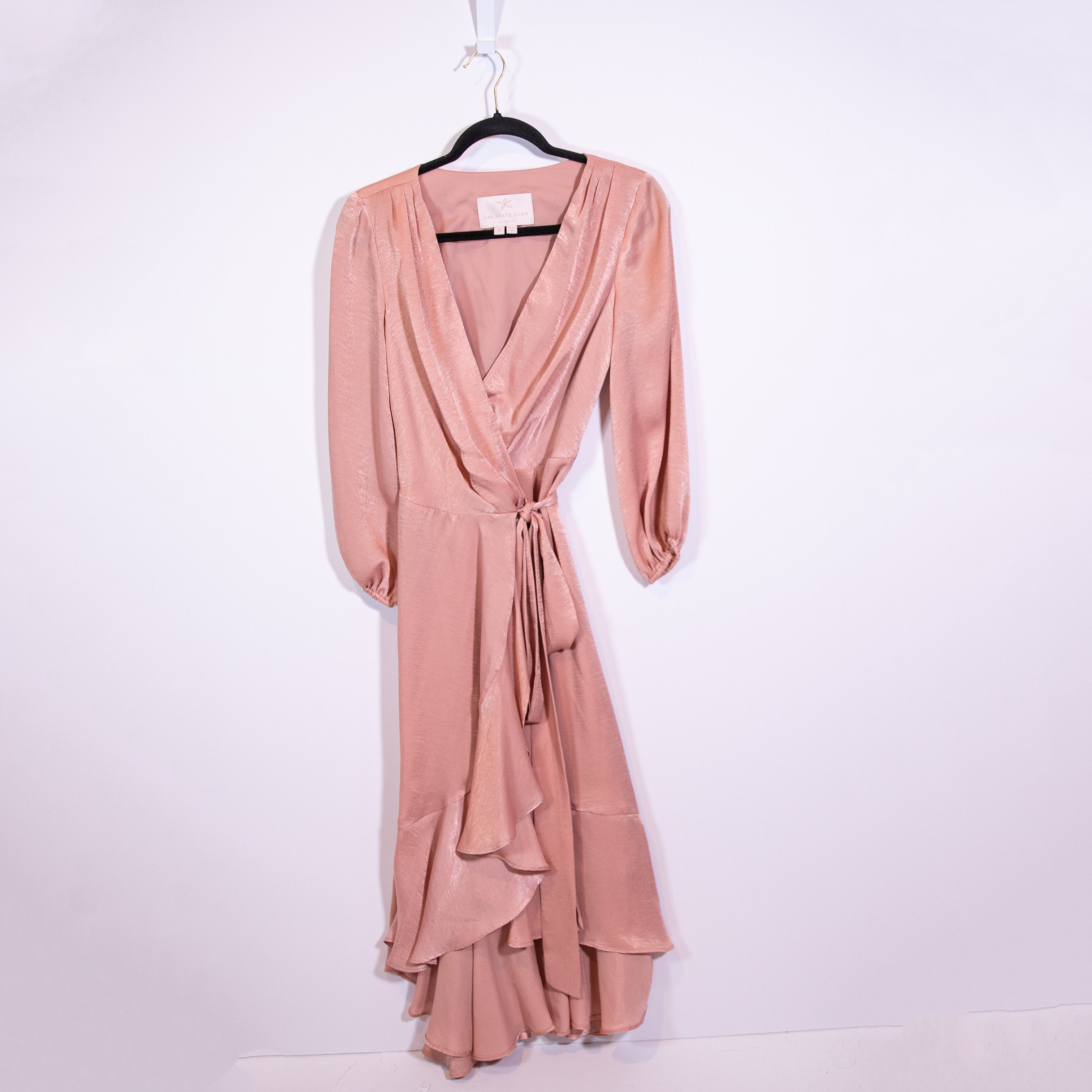 Gal Meets Glam Jennifer Satin Sheen Flirty Ruffle Wrap Midi Dress Pink 2