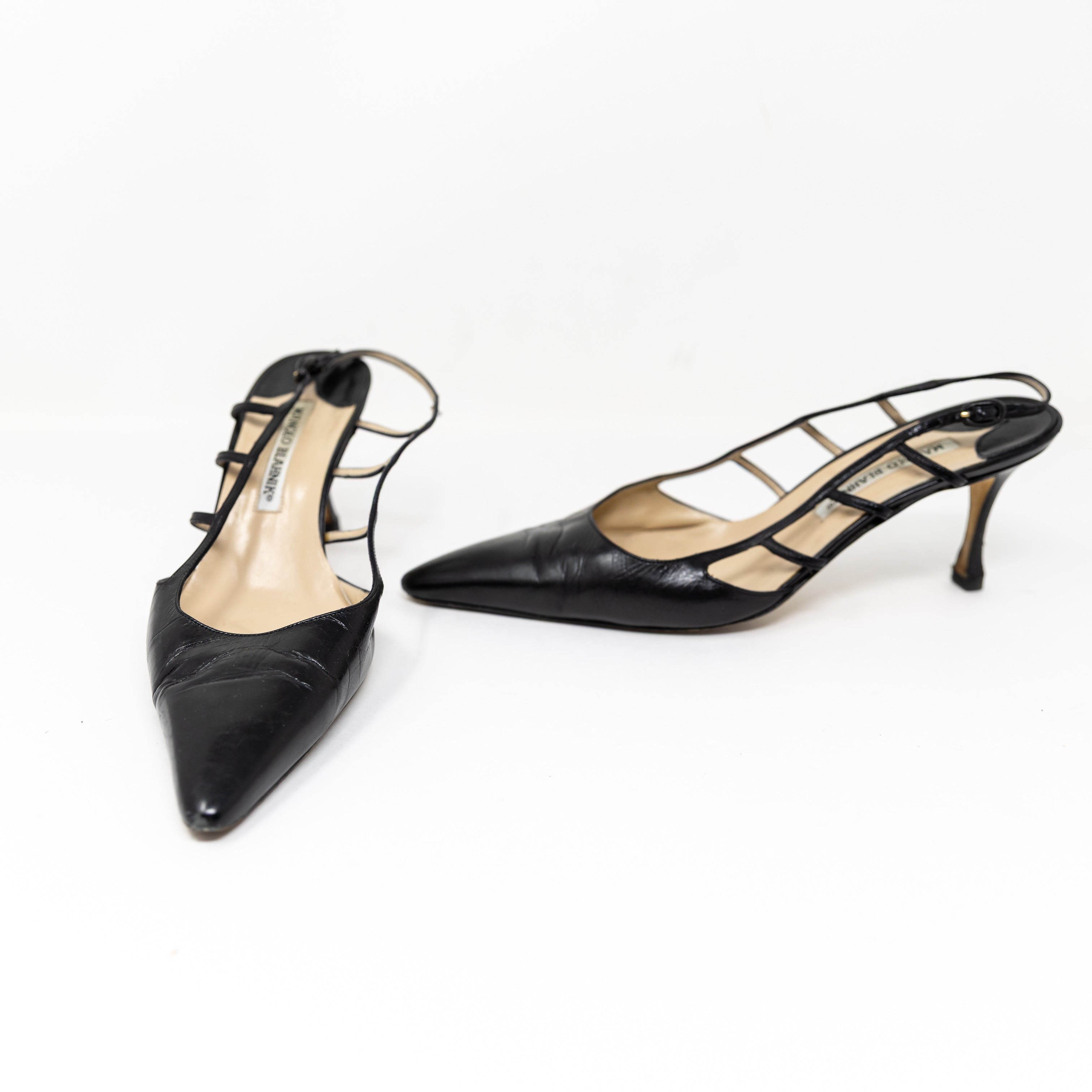 Manolo Blahnik Genuine Leather Slingback Strappy Cage Pumps Heels Shoes Black 9
