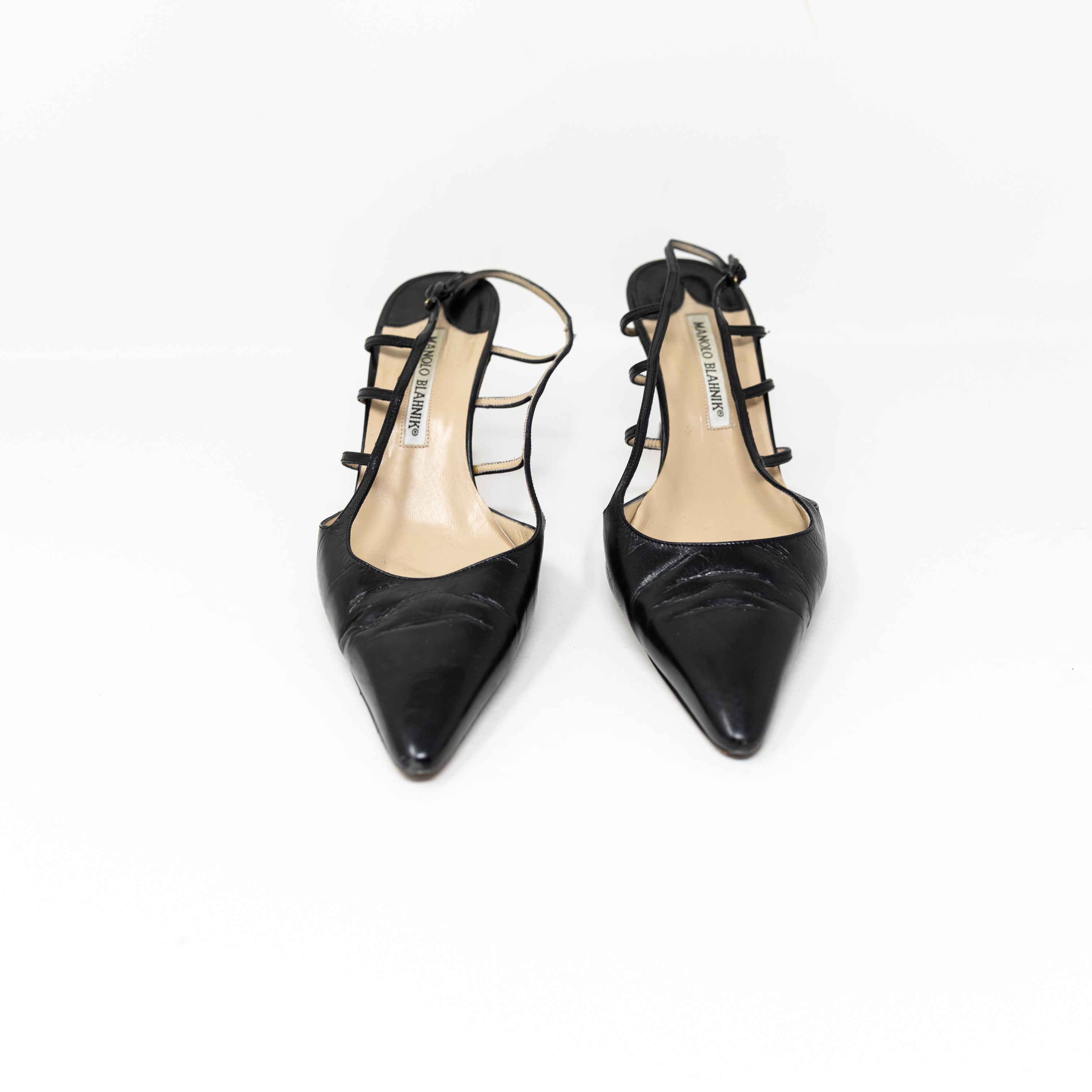 Manolo Blahnik Genuine Leather Slingback Strappy Cage Pumps Heels Shoes Black 9
