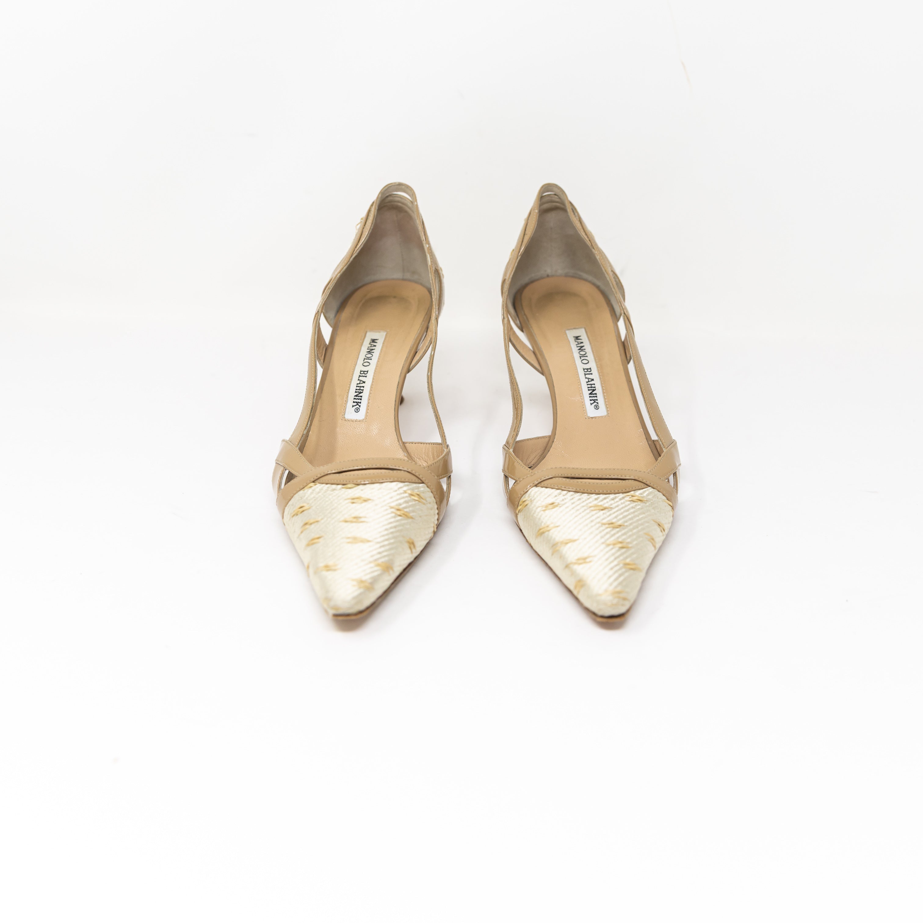 Manolo Blahnik Woven Textured Genuine Patent Leather Trim Pointed Toe Pumps Heel
