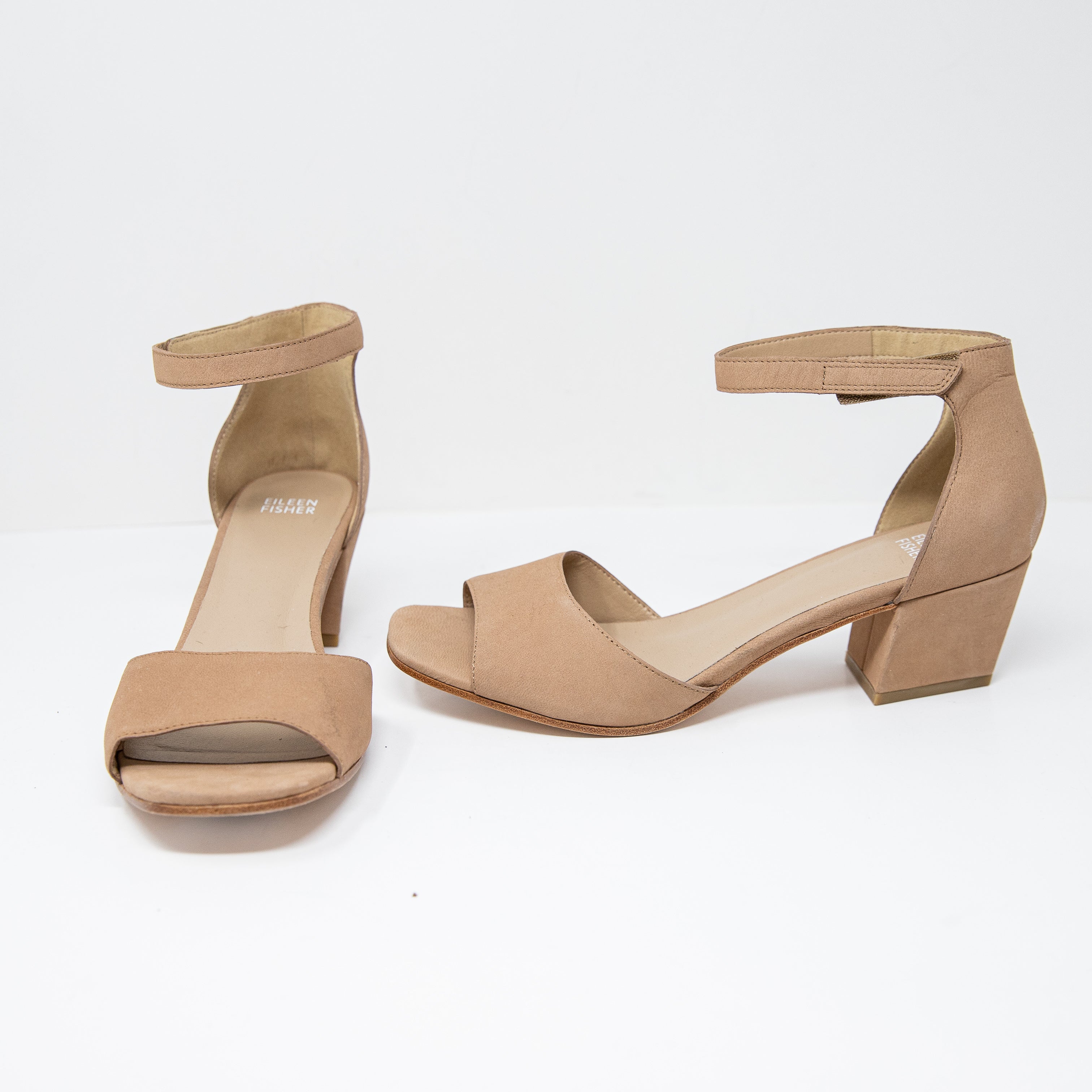 NEW Eileen Fisher Viva Ankle Strap Open Toe Block Heel Nubuck Shoes Nude 10