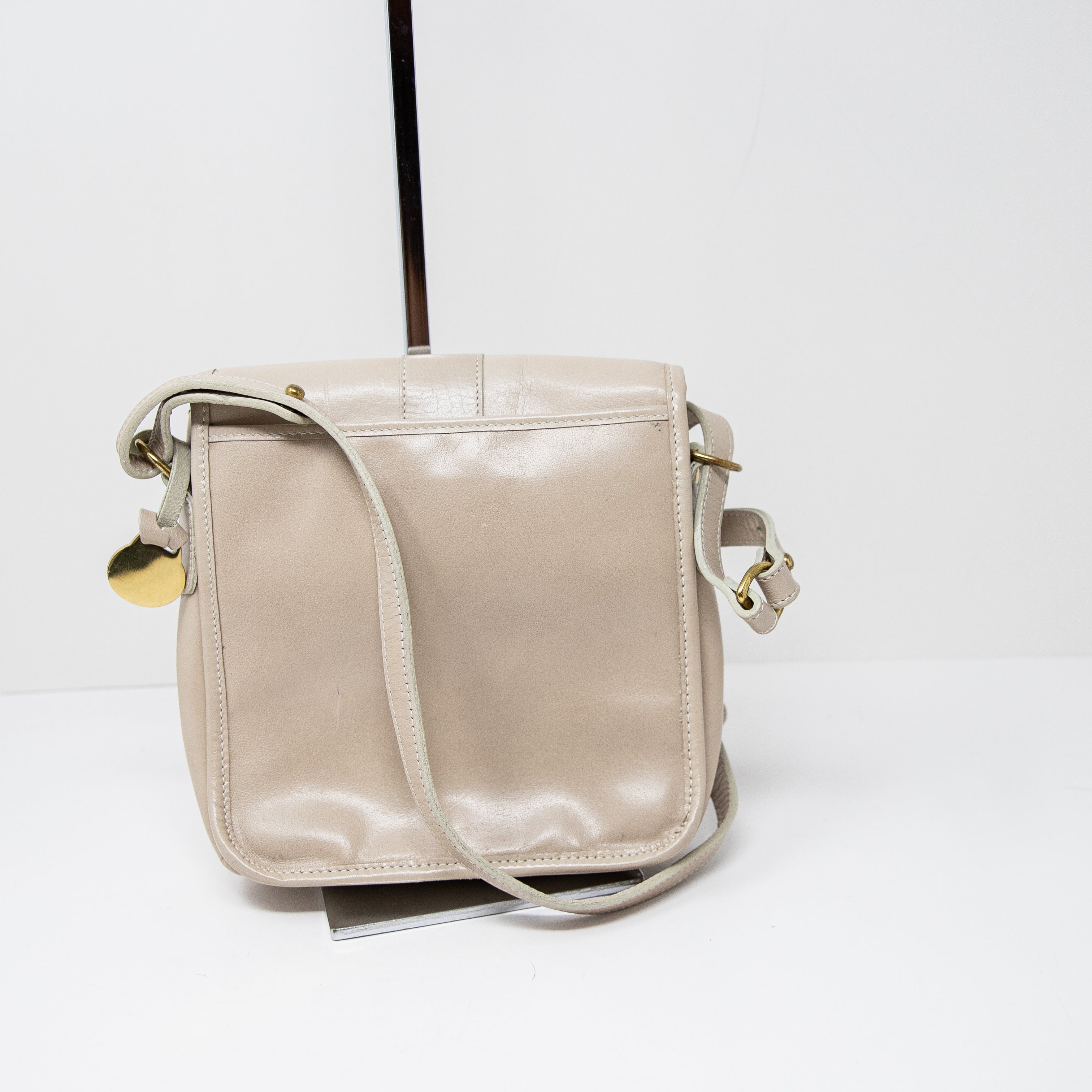 Brahmin Genuine Smooth Leather Suede Lining Crossbody Purse Bag Neutral Tan Gold