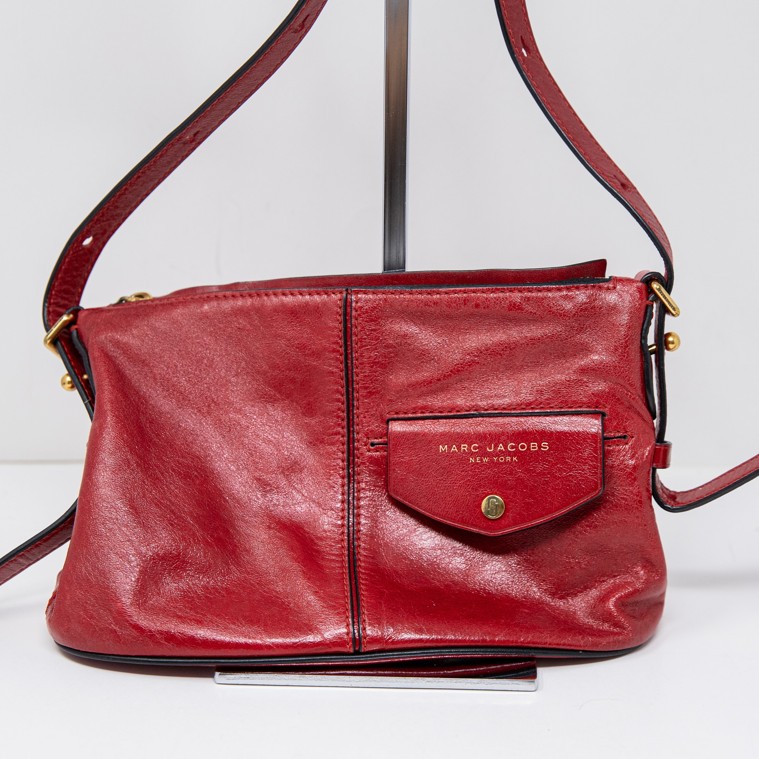 Marc Jacobs Side Sling Genuine Leather Crossbody Shoulder Purse Bag Red