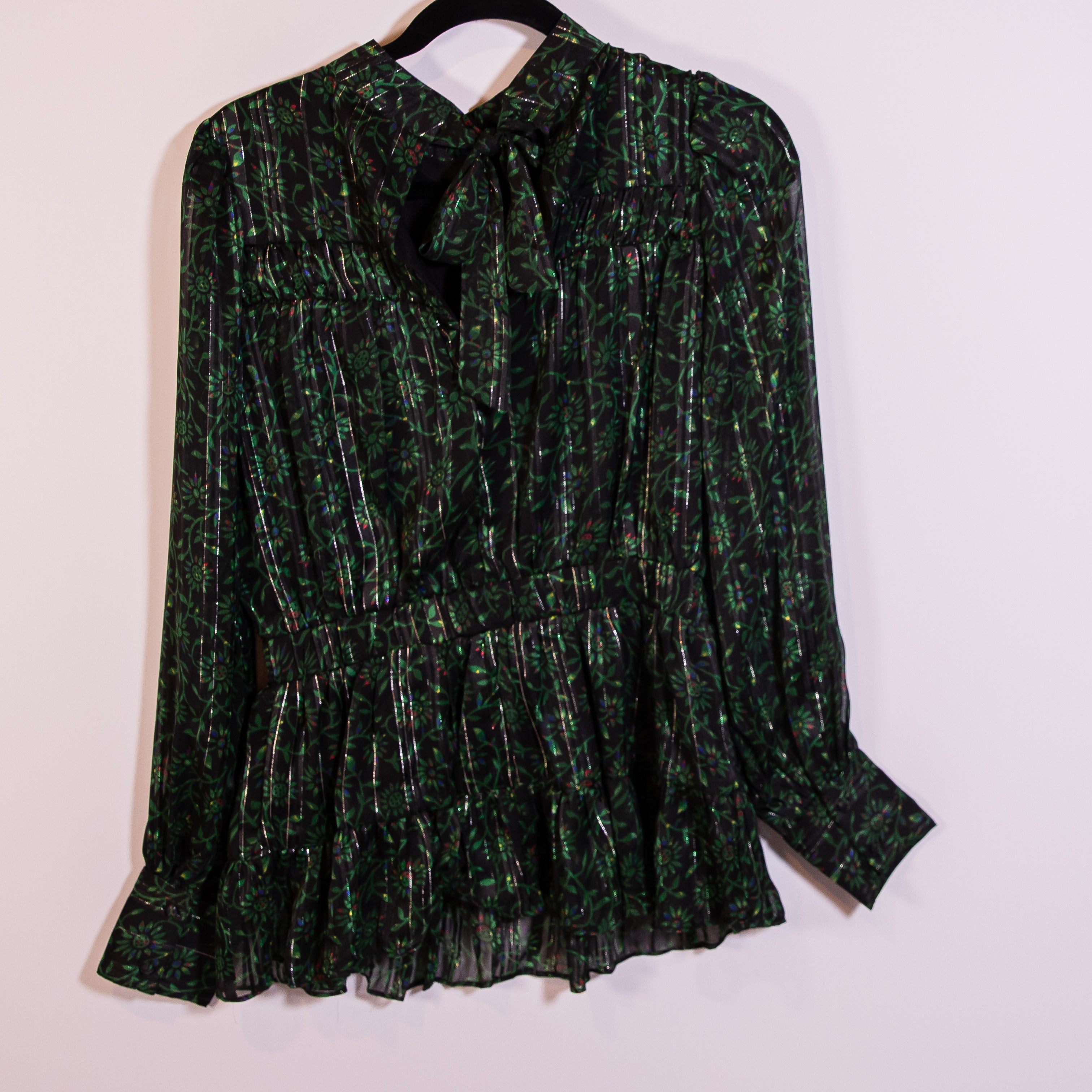 NEW Walter Baker Valeria Stripe Floral Print Long Sleeve Blouse Forest Tulip M