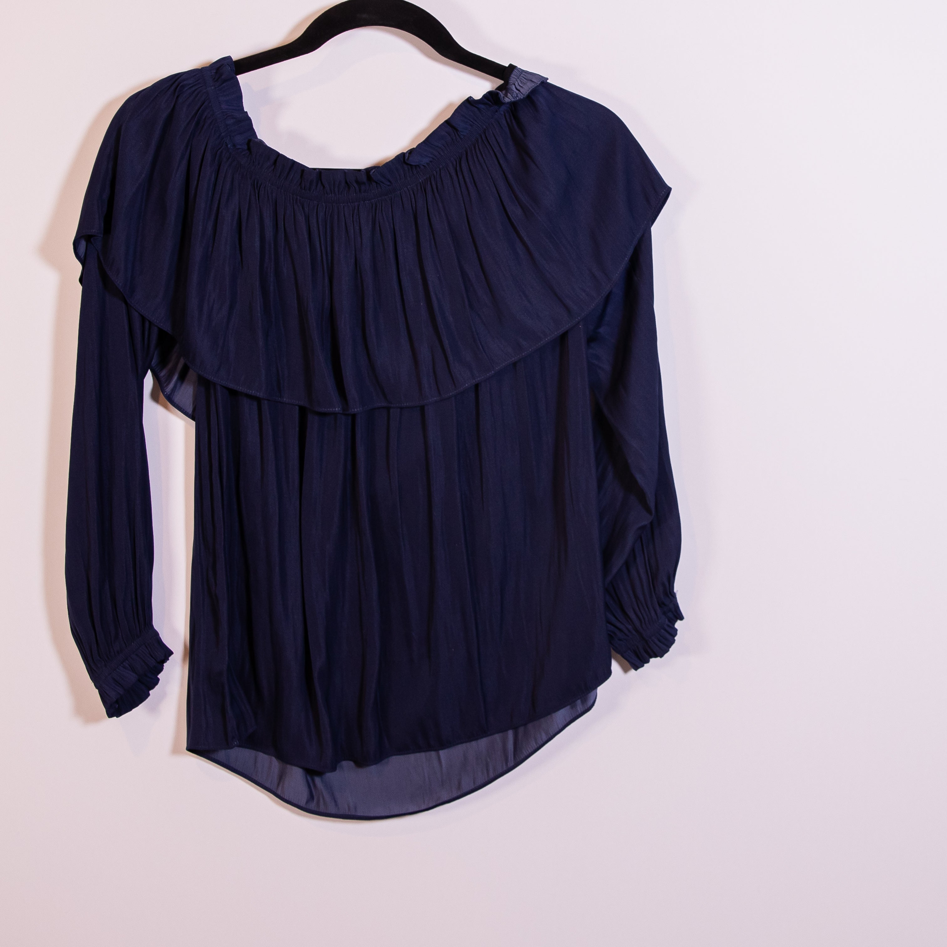 Lilly Pulitzer Dee Ruffle Off The Shoulder Long Sleeve Sateen Blouse Shirt Blue