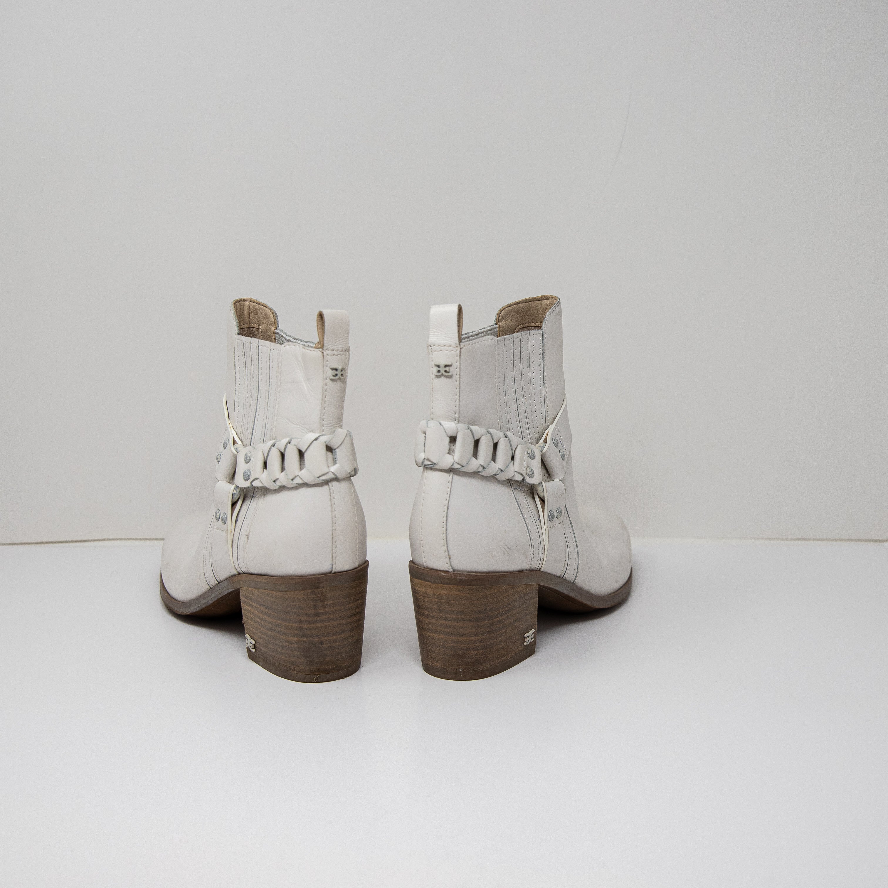 Sam Edelman Dalma Leather Western Braided Strap Pull On Stacked Heel Ankle Boots