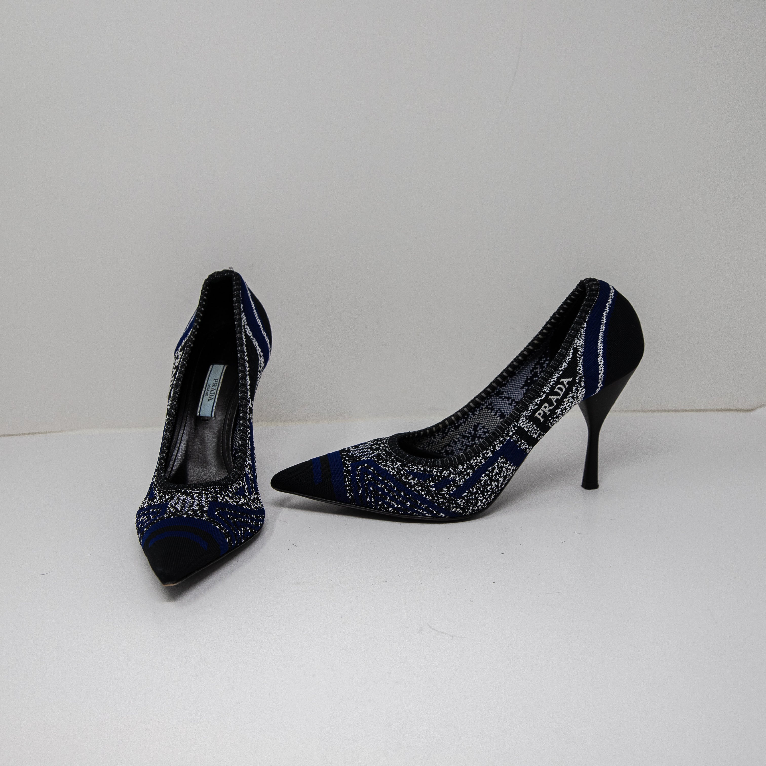 Prada Made In Italy Knit Stretch Logo Pointed Toe High Heels Pumps Shoes Blue 41